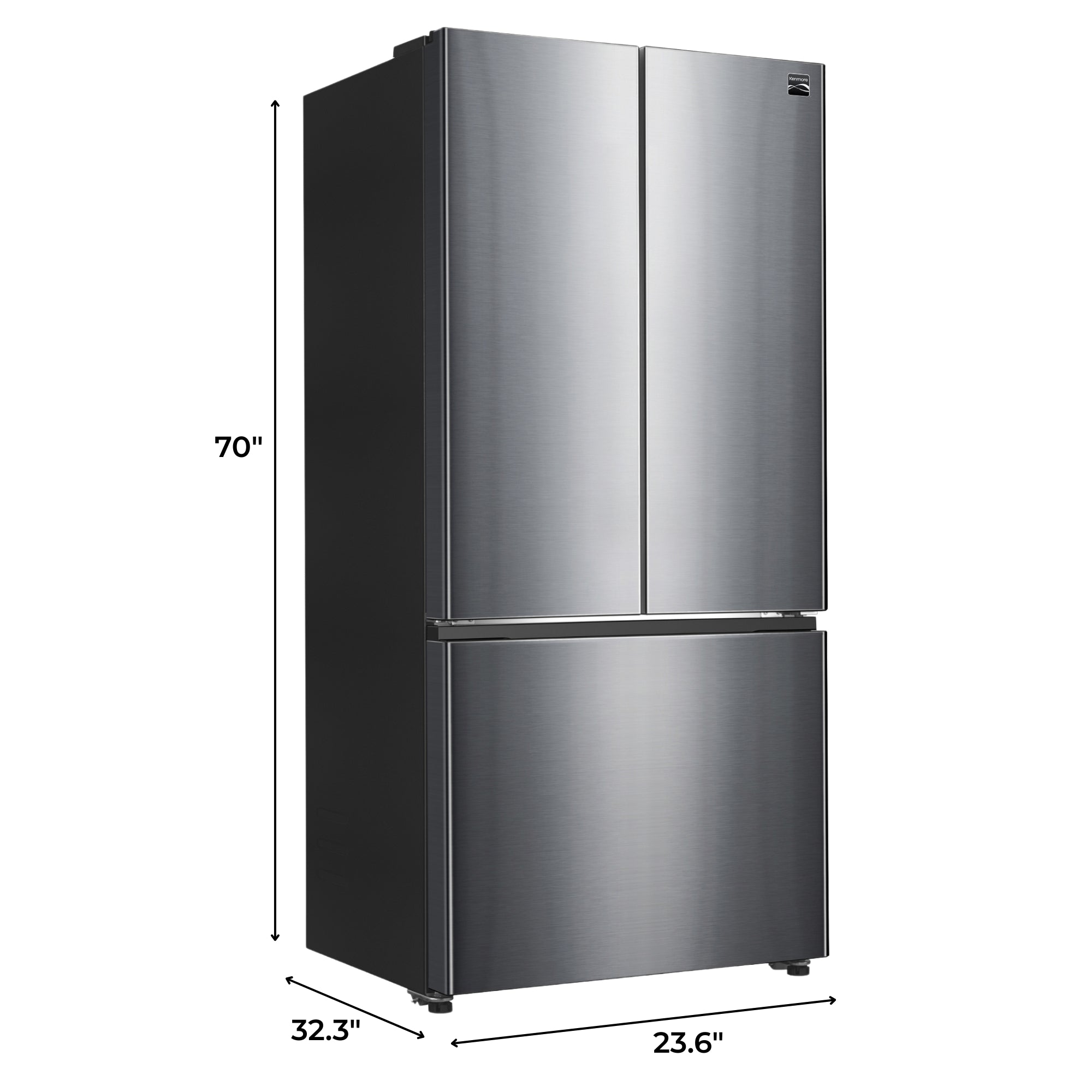 Kenmore stainless steel counter depth french door refrigerator closed with dimensions labeled