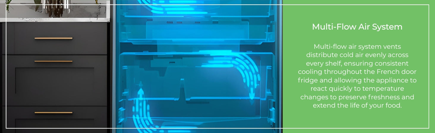 Closeup of inside the refrigerator with blue arrows showing air flow overlaid and text to the right reading, "Multi-Flow Air System: Multi-flow air system vents distribute air evenly across every shelf, ensuring consistent cooling throughout the French door fridge and allowing the appliance to react quickly to temperature changes to preserve freshness and extend the life of your food."