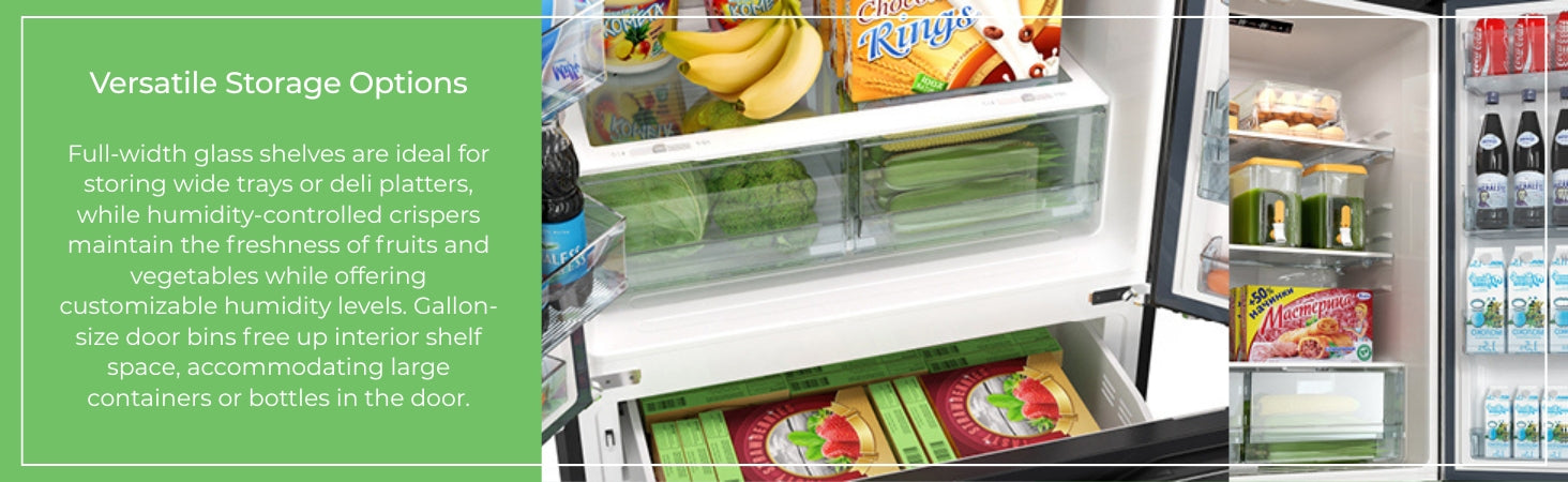 Closeup views of inside the Kenmore stainless steel french door refrigerator with text to the left reading, "Versatile Storage Options: Full-width glass shelves are ideal for storing wide trays or deli platters, while humidity-controlled crispers maintain the freshness of fruits and vegetables while offering customizable humidity levels. Gallon-size door bins free up interior shelf space, accommodating large containers or bottles in the door."