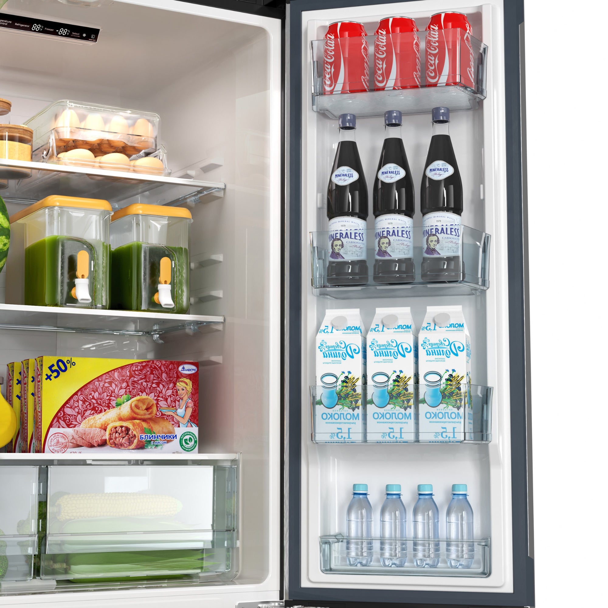 Closeup of inside the Kenmore stainless steel french door refrigerator showing the adjustable door bins
