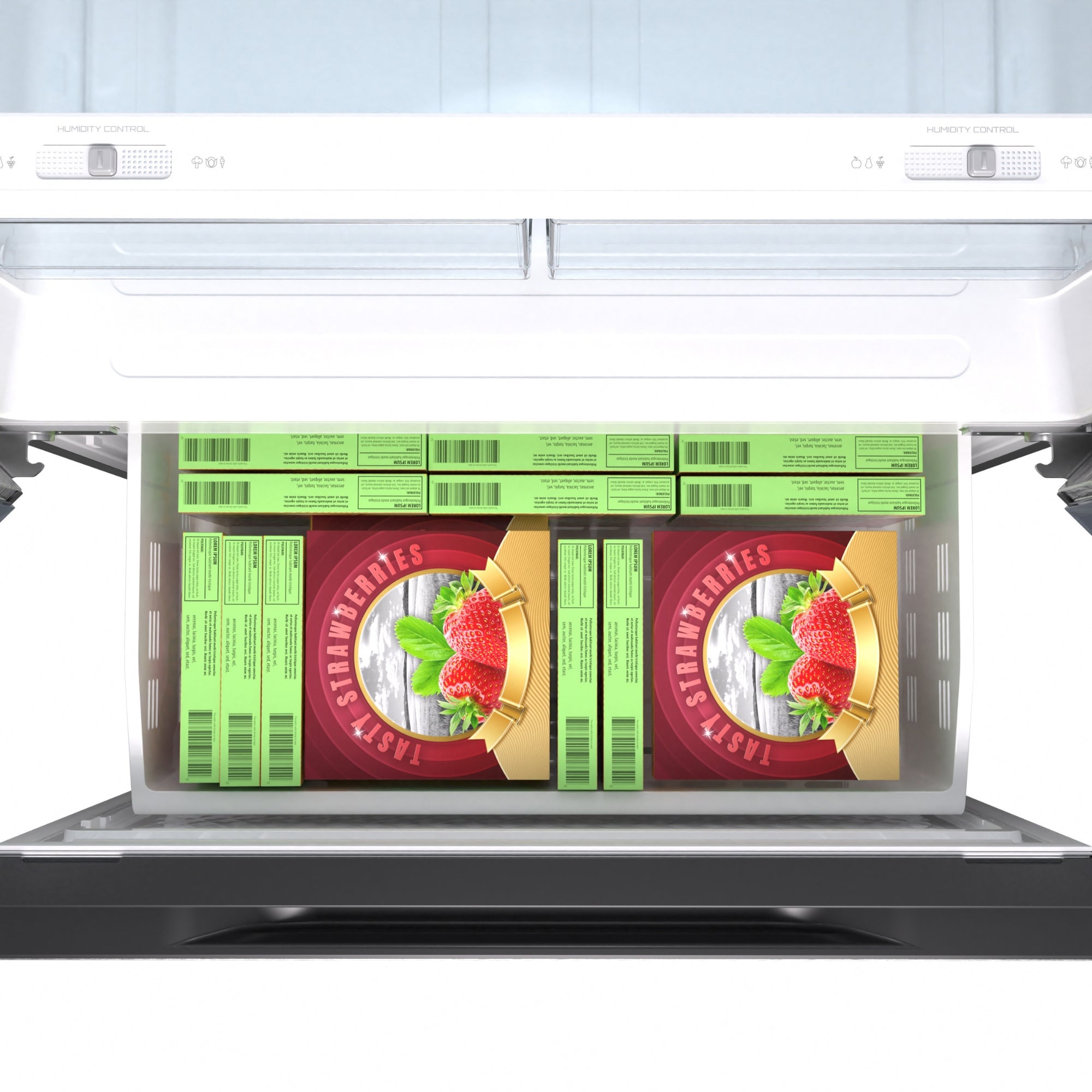 Closeup of inside the Kenmore stainless steel french door refrigerator showing the open freezer