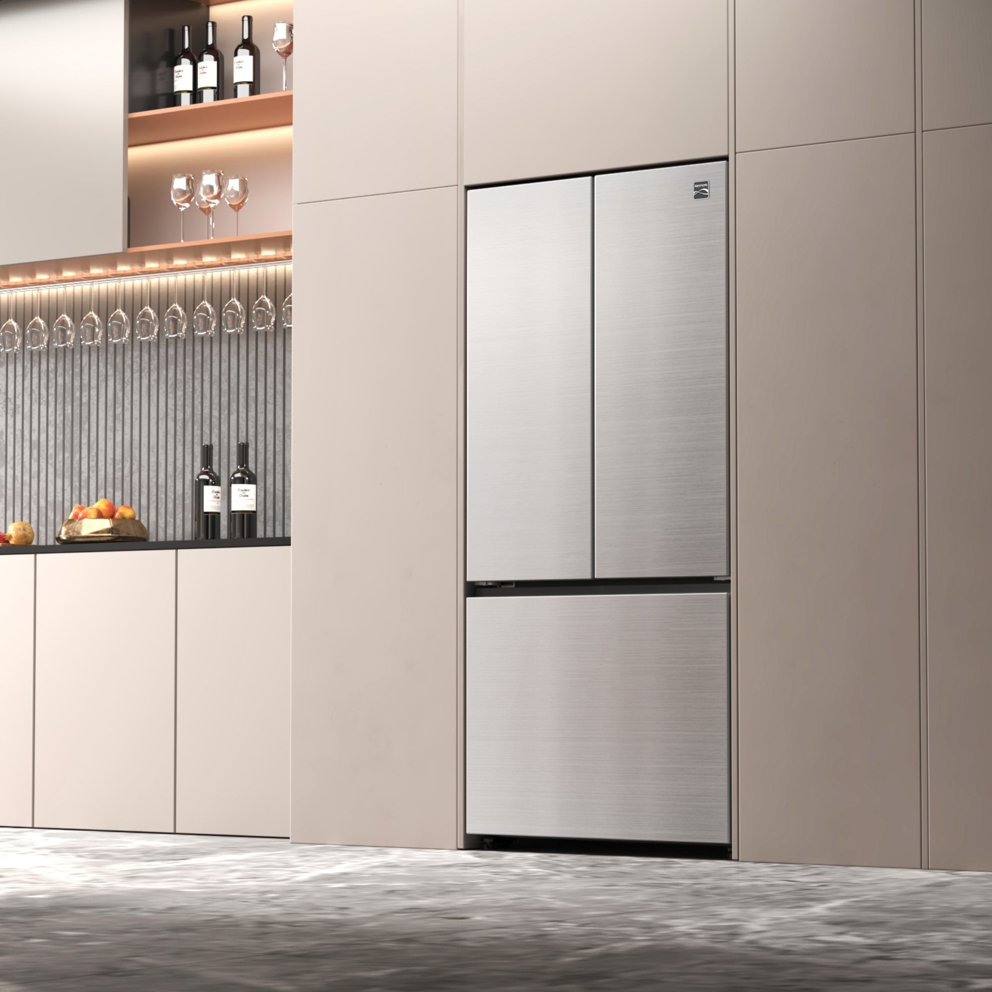 Kenmore stainless steel counter depth french door refrigerator, closed, in an elegant kitchen