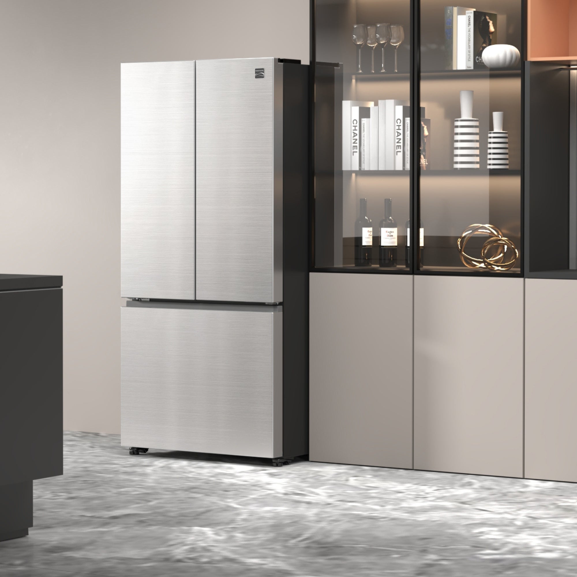 Kenmore stainless steel counter depth french door refrigerator, closed, in an elegant kitchen