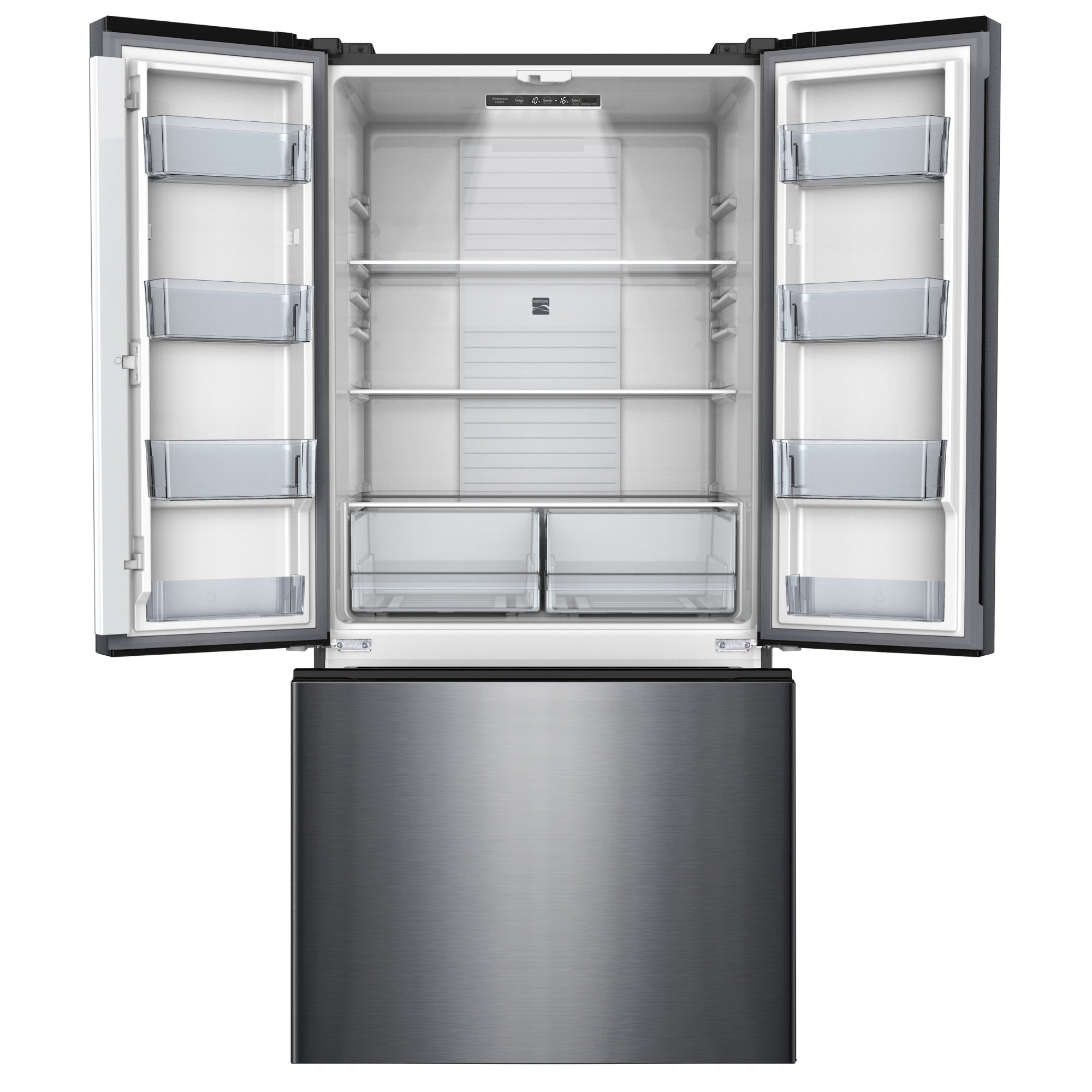 Kenmore stainless steel counter depth french door refrigerator empty with doors open on a white background
