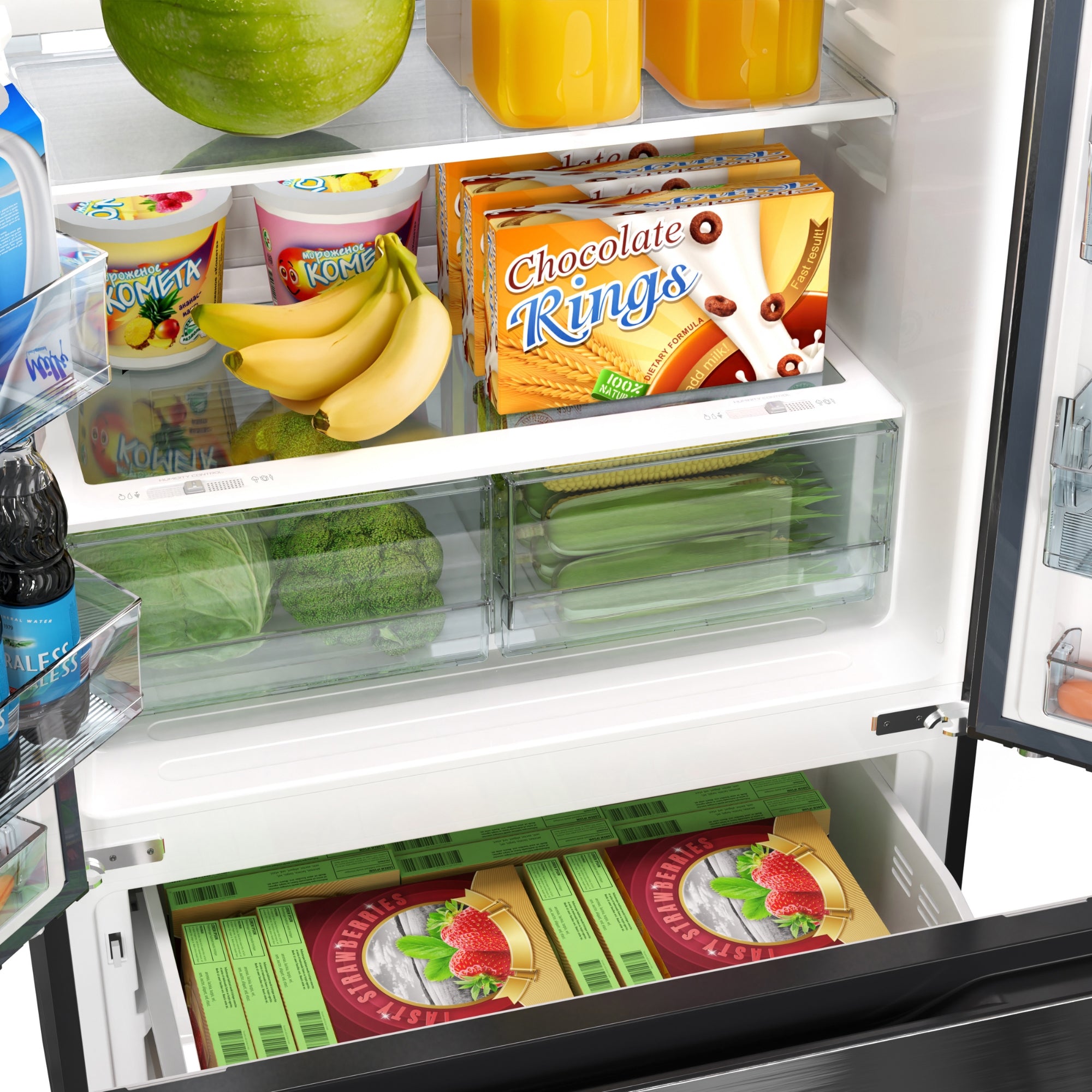 Closeup of inside the Kenmore stainless steel french door refrigerator showing the tempered glass shelves and open freezer