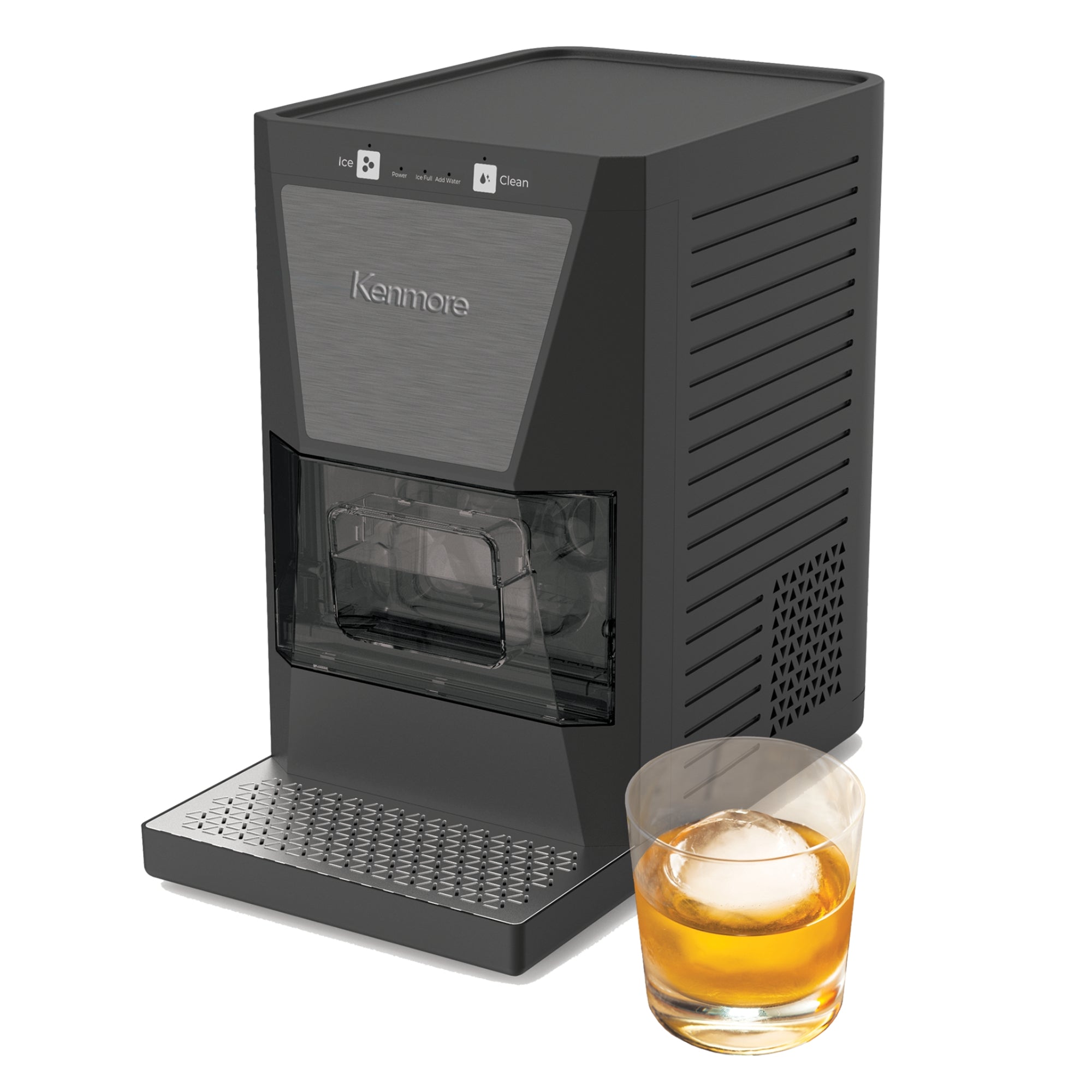Kenmore clear sphere ice maker filled with ice with a glass containing amber-colored liquid and a large round ice cube beside it on a white background