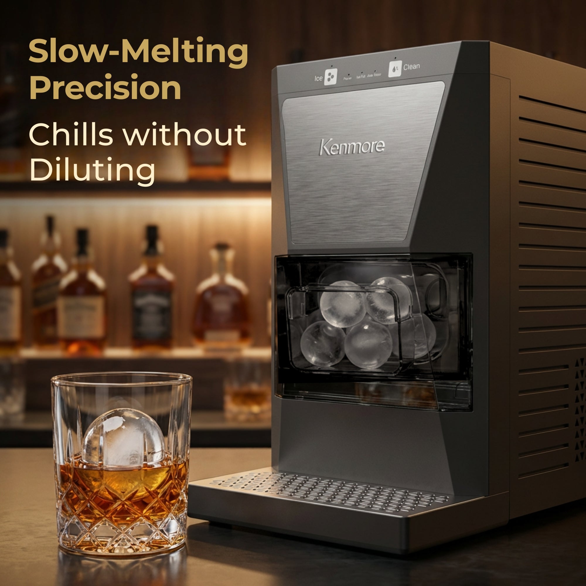 Kenmore clear sphere ice maker filled with large ice balls on a wooden countertop with two glasses containing amber-colored liquid and large round ice cubes and bottles of liquor displayed on shelves in the background. Text above reads, "Slow Melting Precision: Chills without Dilution."