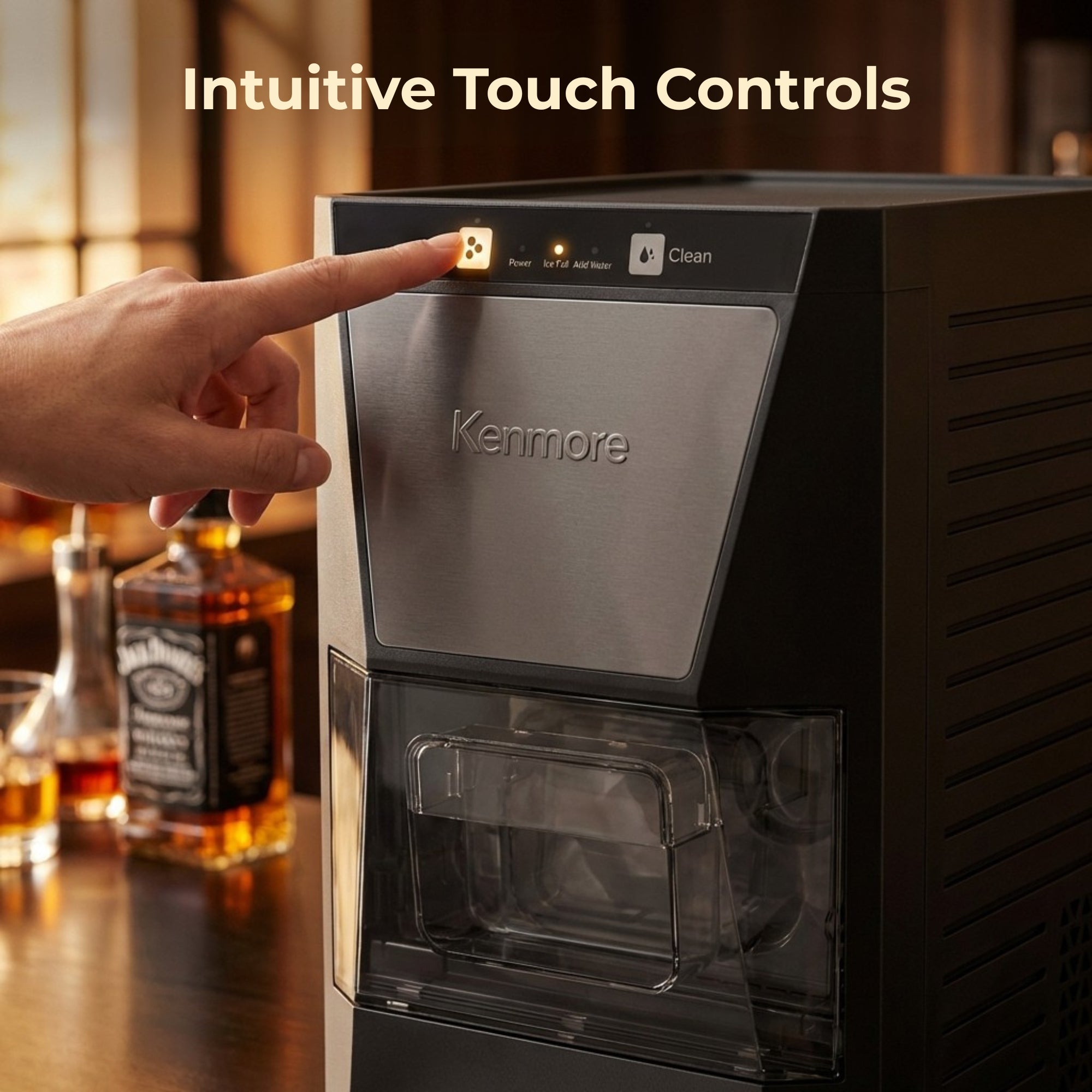 Closeup of a person's finger pressing a button on the Kenmore clear sphere ice maker with bottles of bourbon in the background. Text above reads, "Intuitive Touch Controls"