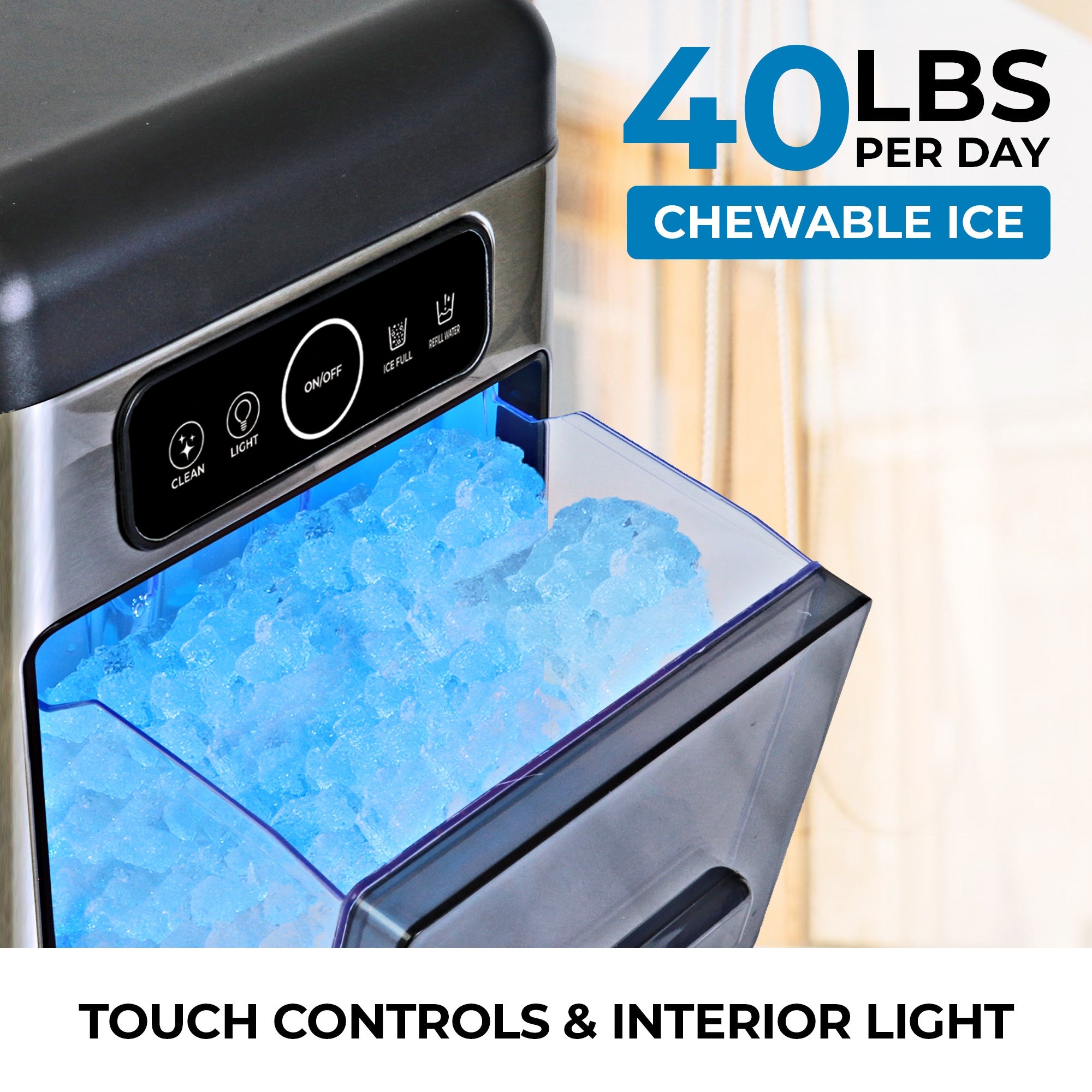 Closeup of the Kenmore compact front-load crunchy ice maker with the ice drawer pulled out and filled with ice. Text above reads, "40 lbs/18 kg per day chewable ice," and text below reads, "Touch controls and interior light."