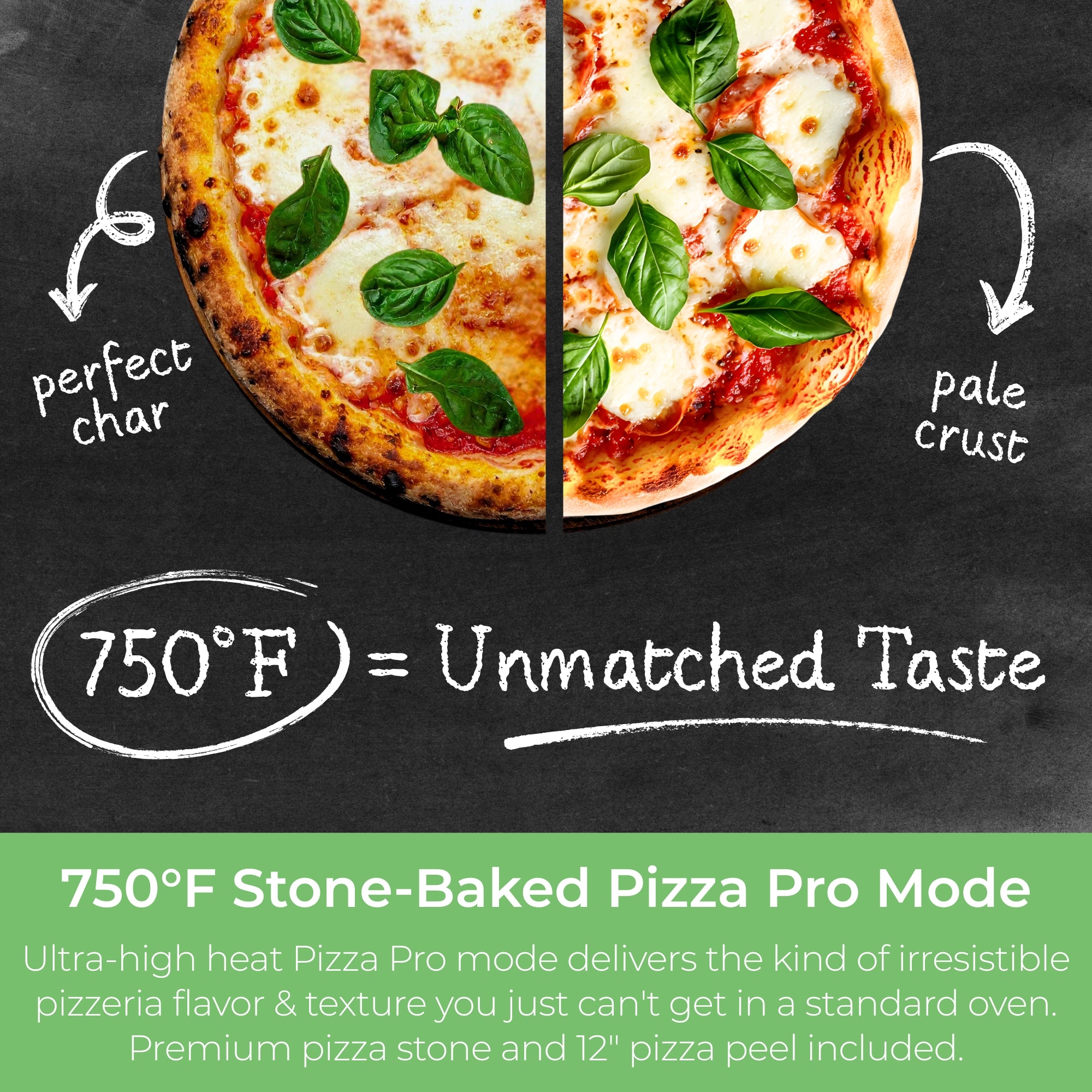 Picture of a pizza with half brick oven style and half cooked in a conventional oven on a blackboard background. Chalk writing and arrows indicate the perfect char on the one pizza and pale crust on the other and text below reads, “750°F = Unmatched Taste.” Text below the image reads, "750°F Stone-Baked Pizza Pro Mode: Ultra-high heat Pizza Pro mode delivers the kind of irresistible pizzeria flavor & texture you just can't get in a standard oven. Premium pizza stone and 12" pizza peel included."