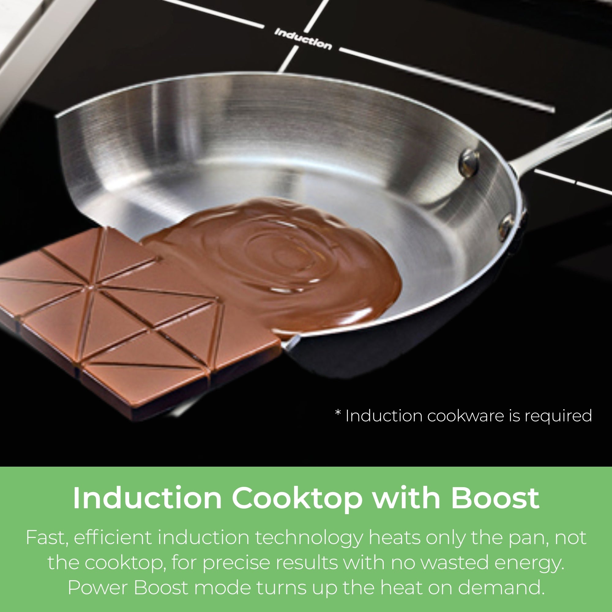 Closeup of chocolate melting in a frying pan but not on the induction cooktop. Text below reads, "Induction Cooktop with Boost: Fast, efficient induction technology heats only the pan, not the cooktop, for precise results with no wasted energy. Power Boost mode turns up the heat on demand."