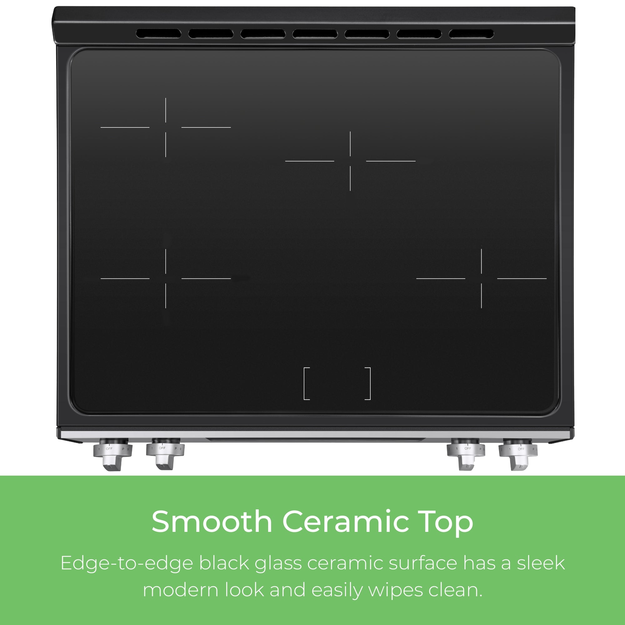 Top view of the black ceramic induction cooktop of the Kenmore Pizza Pro 5.6 cu ft induction range. Text below reads, "Smooth Ceramic Top: Edge-to-edge black glass ceramic surface has a sleek modern look and easily wipes clean."