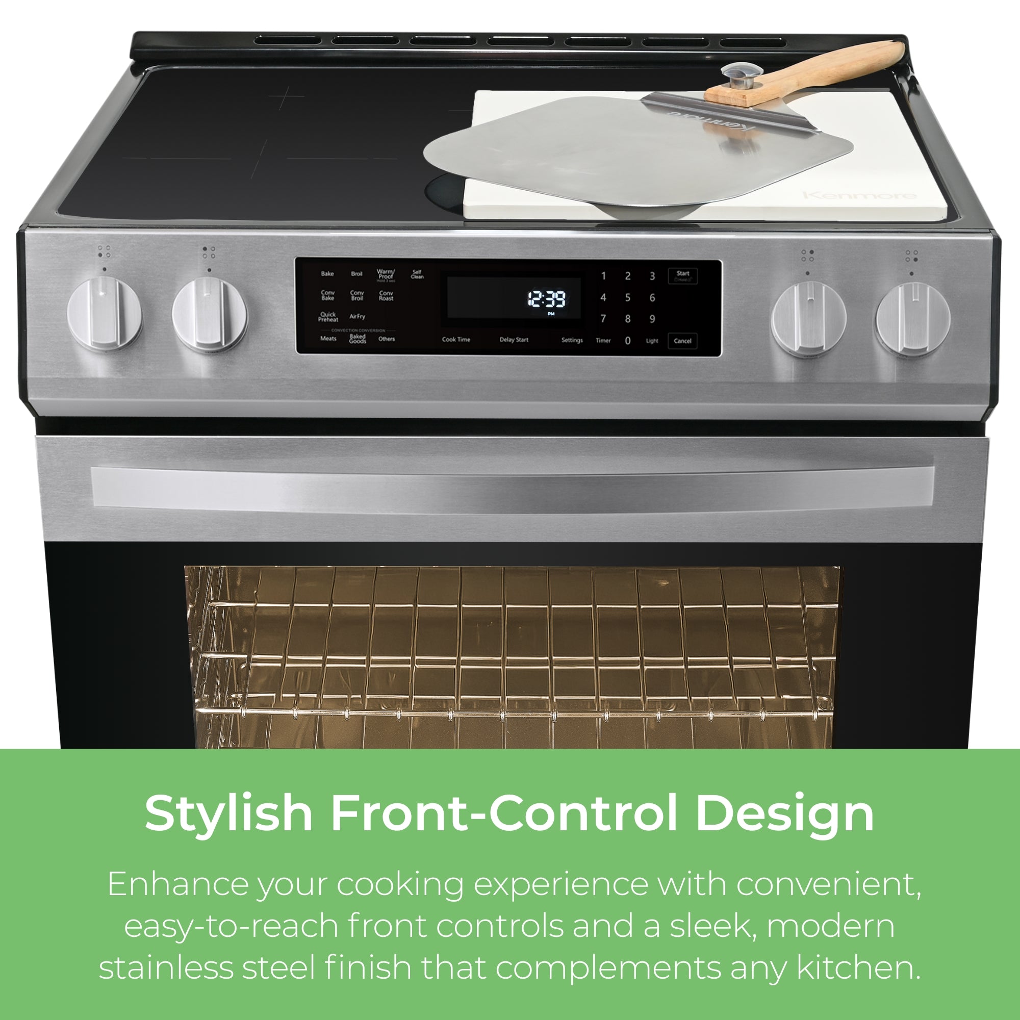 Kenmore Pizza Pro 5.6 cu ft induction range, closed, with the pizza stone and pizza peel on the cooktop, on a white background. Text below reads, "Stylish Front-Control Design: Enhance your cooking experience with convenient, easy-to-reach front controls and a sleek, modern stainless steel finish that complements any kitchen."