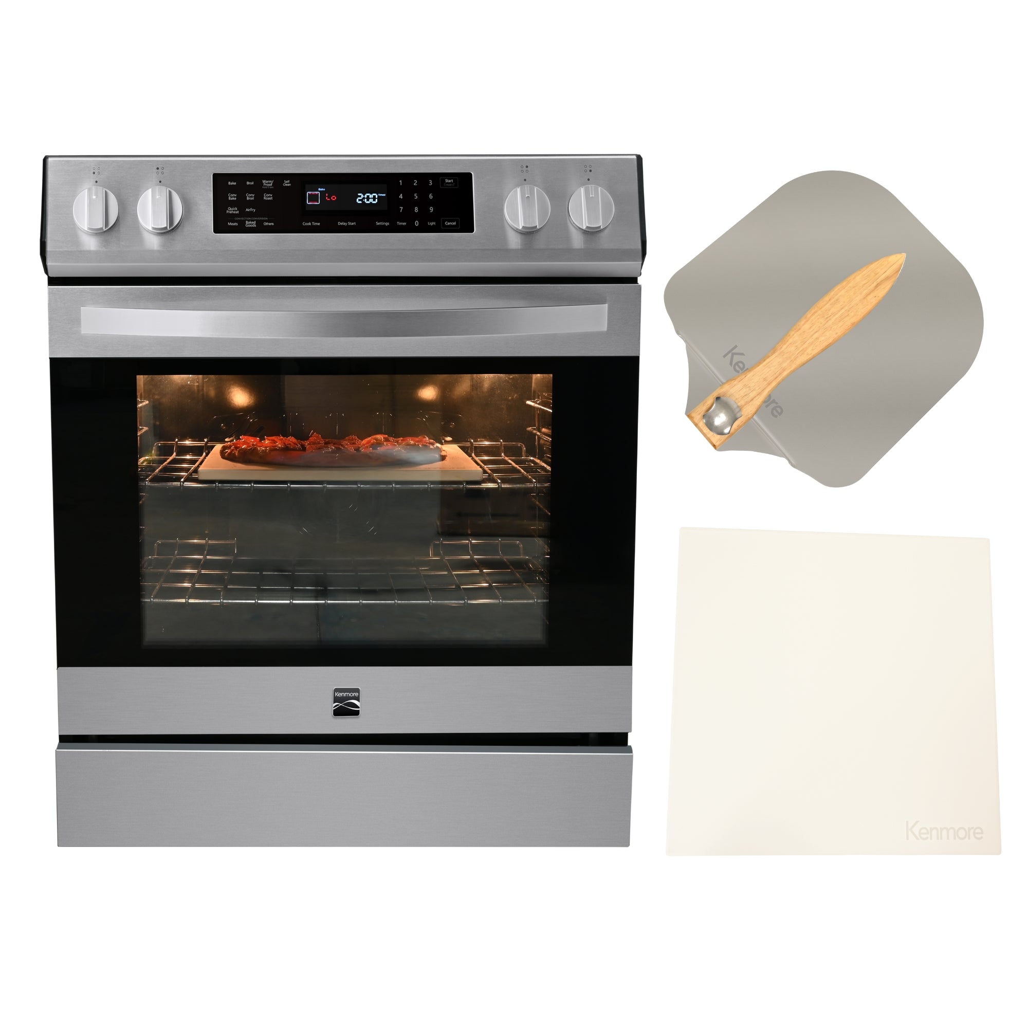 Kenmore Pizza Pro 5.6 cu ft induction range, closed, with folding pizza peel and pizza stone to the right, on a white background.