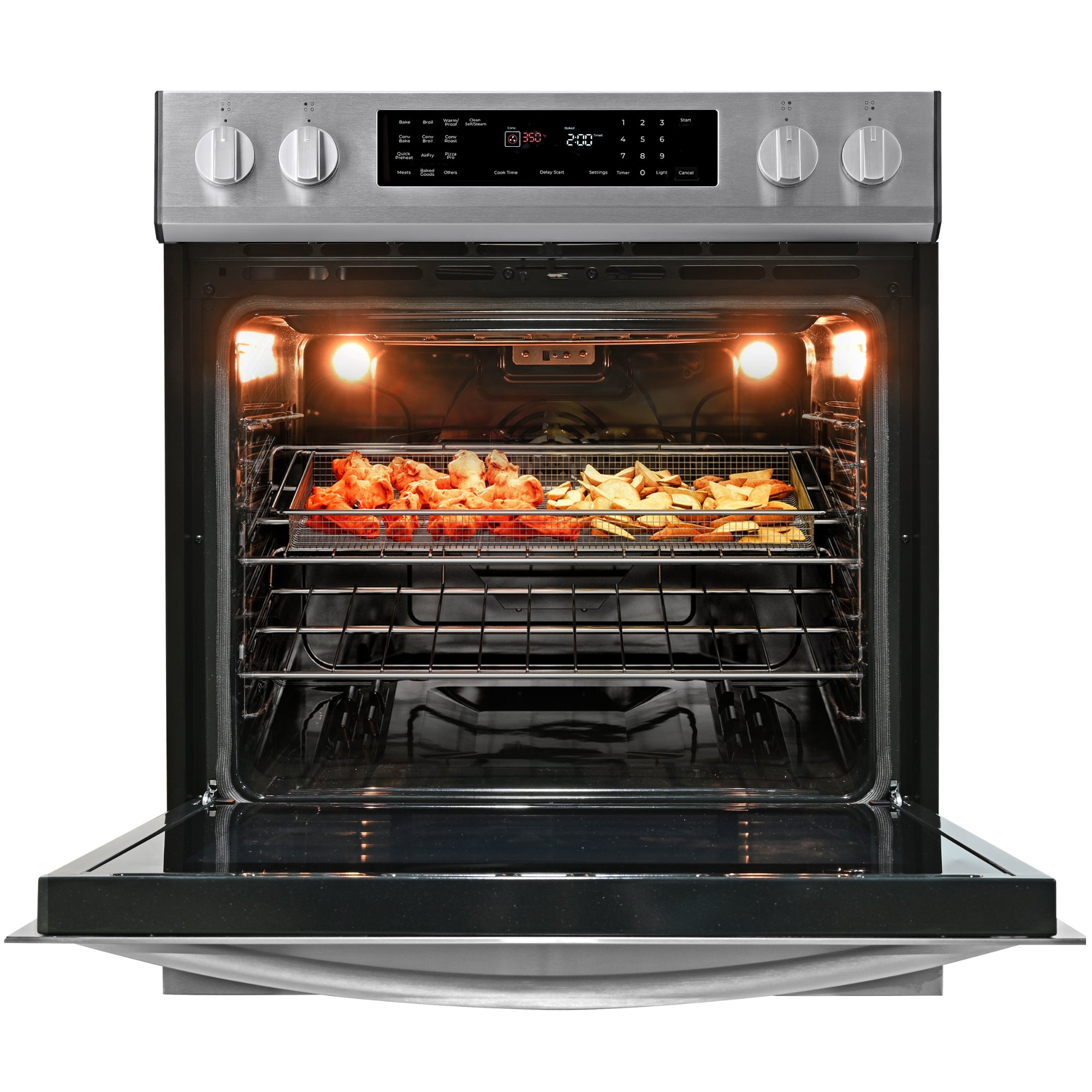 Kenmore Pizza Pro 5.6 cu ft induction range, open with an air fry basket containing crispy chicken wings and French fries inside, on a white background.