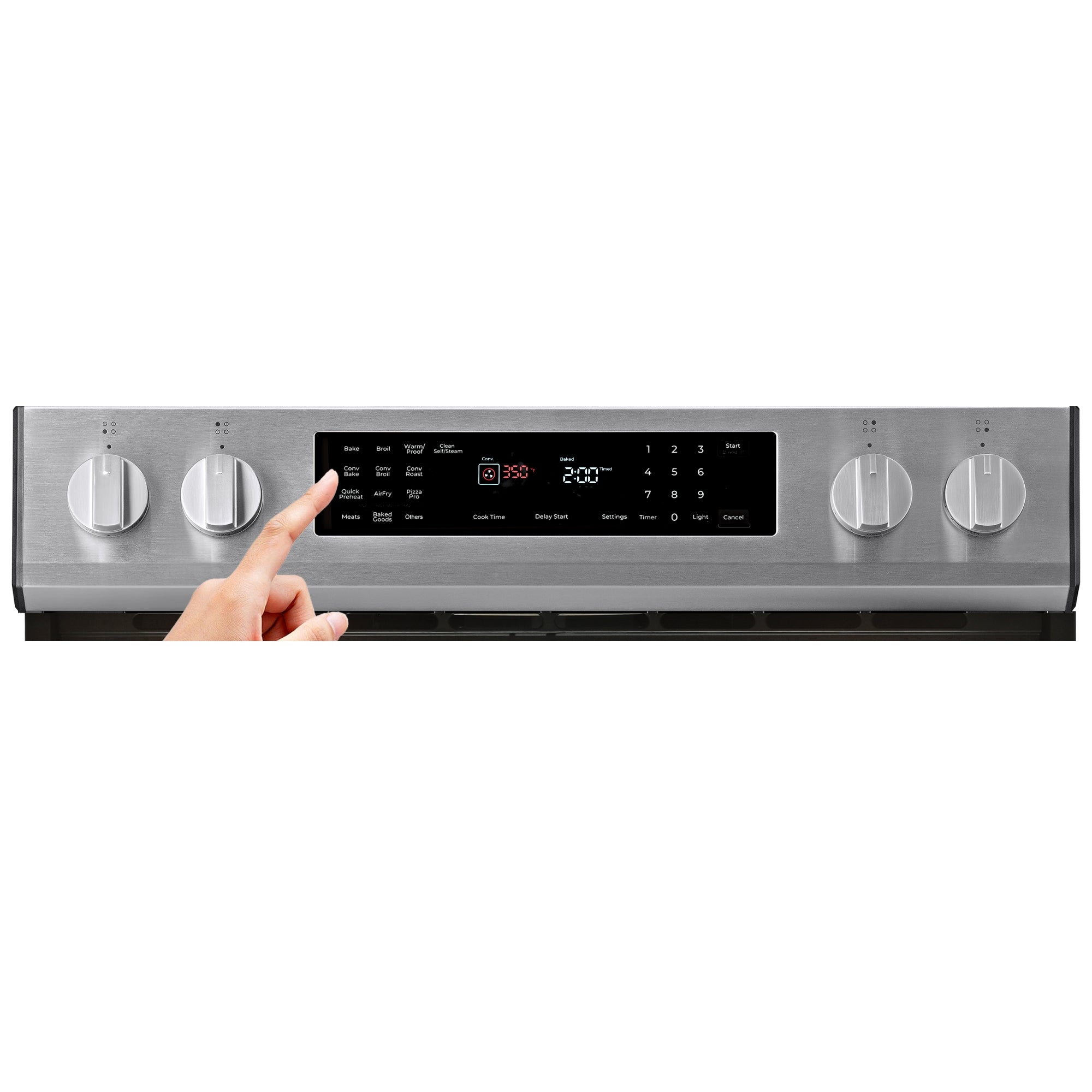 Closeup of the front controls of the Kenmore Pizza Pro 5.6 cu ft induction range with a finger touching the control panel.