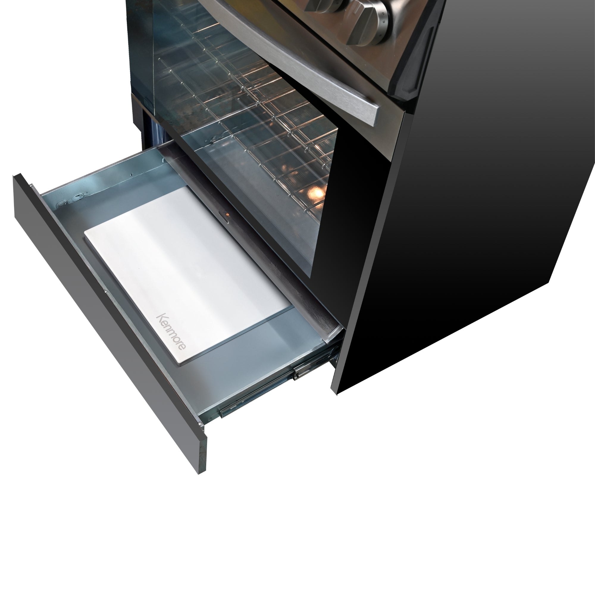 Closeup of the open storage drawer of the Kenmore Pizza Pro 5.6 cu ft induction range with the premium 16-inch pizza stone inside.