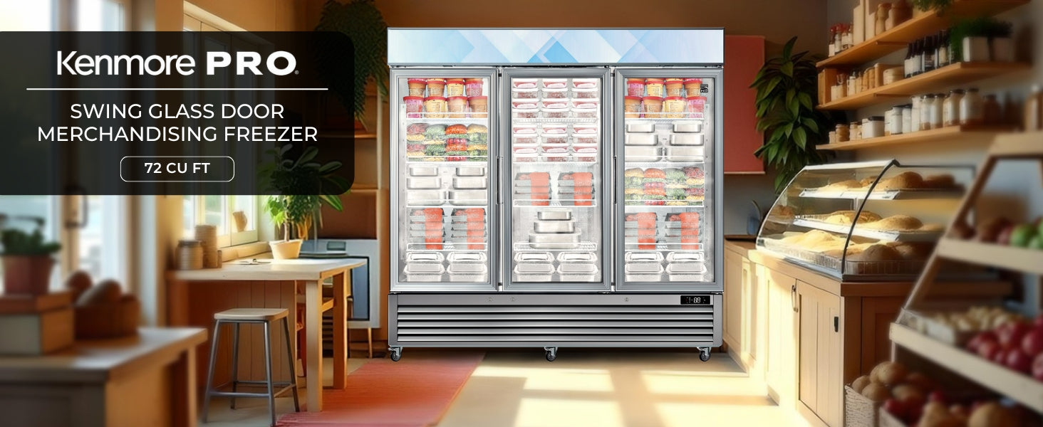 Kenmore Pro glass door display freezer filled with frozen food products in a retail setting
