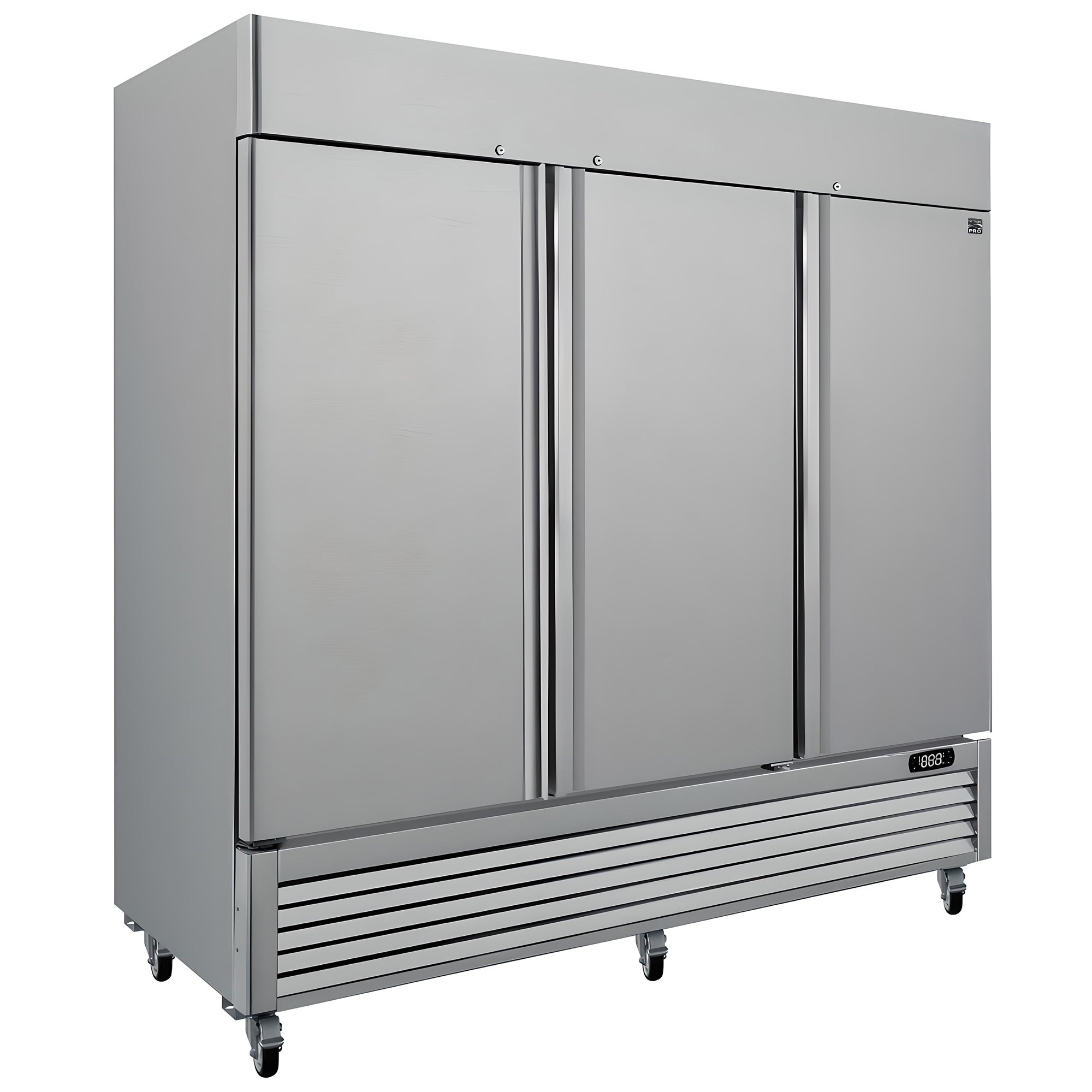 Kenmore Pro commercial reach-in solid door stainless steel convertible freezer/refrigerator, closed, on a white background