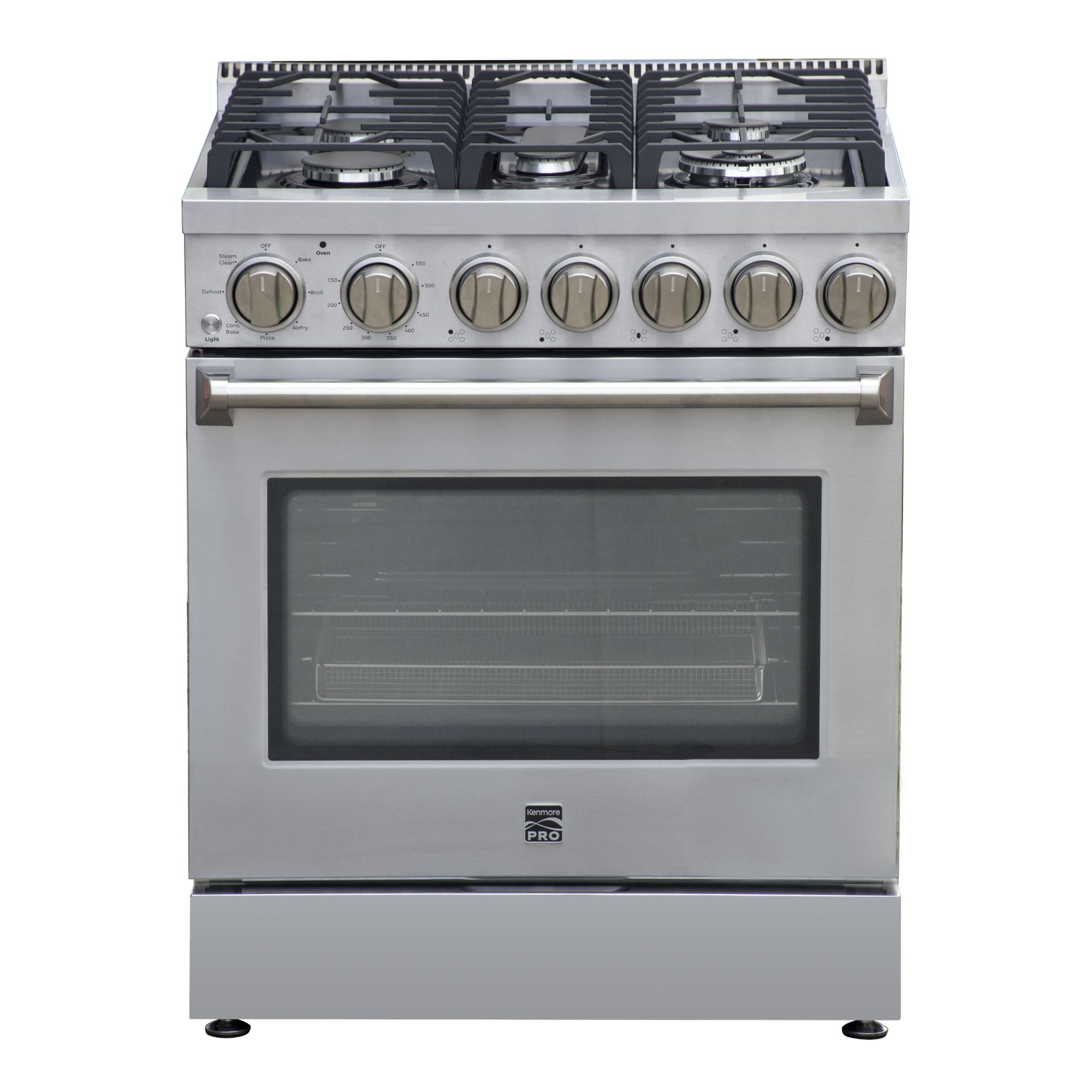 Kenmore PRO stainless steel front-control range, closed, on a white background