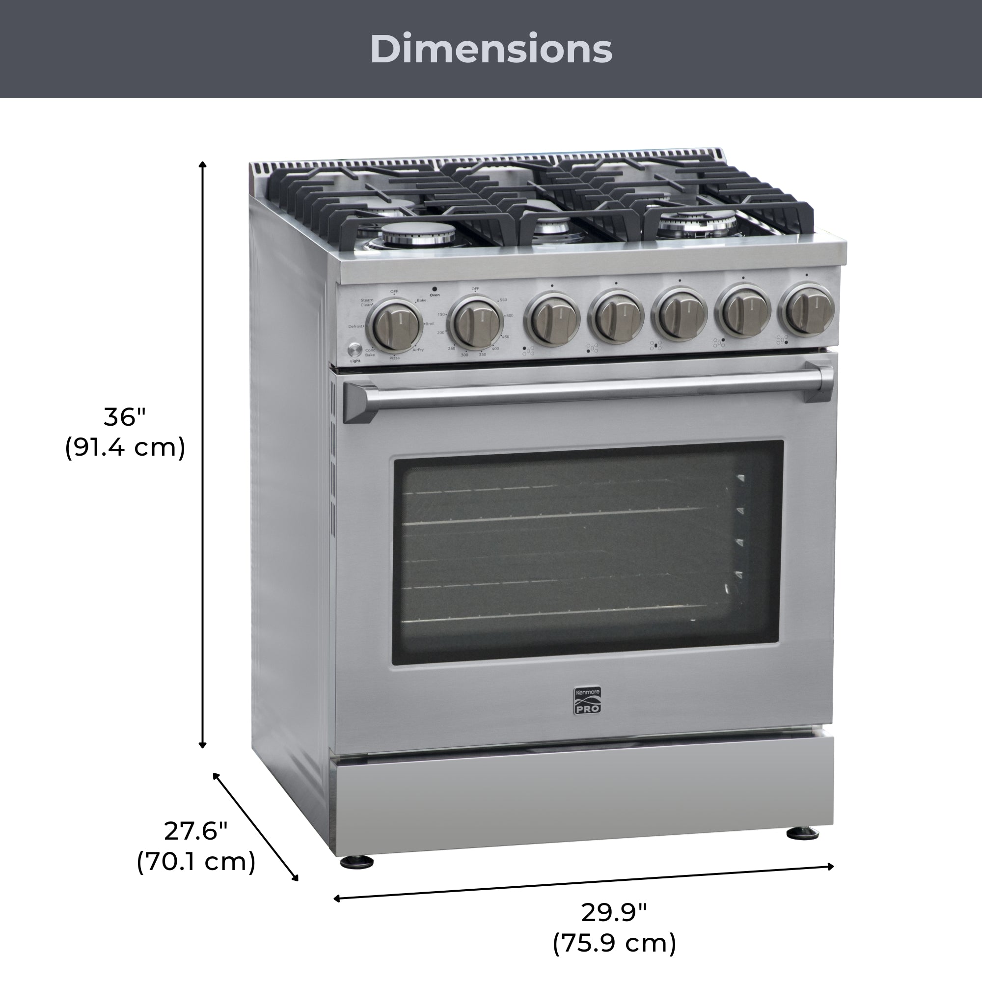 Kenmore PRO 30" Front Control Freestanding Gas Range, 5.0 Cu. Ft. Oven With True Convection & Air Fry, 5 Burner Cooktop, Stainless Steel