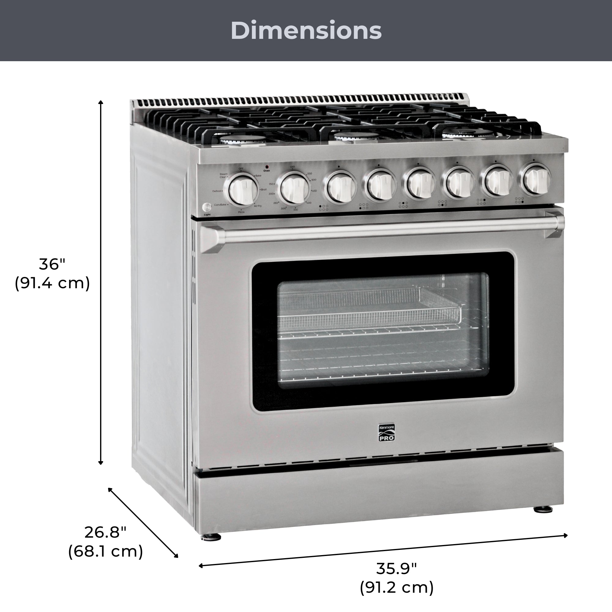 Kenmore PRO stainless steel front-control range, closed, on a white background, with dimensions labeled