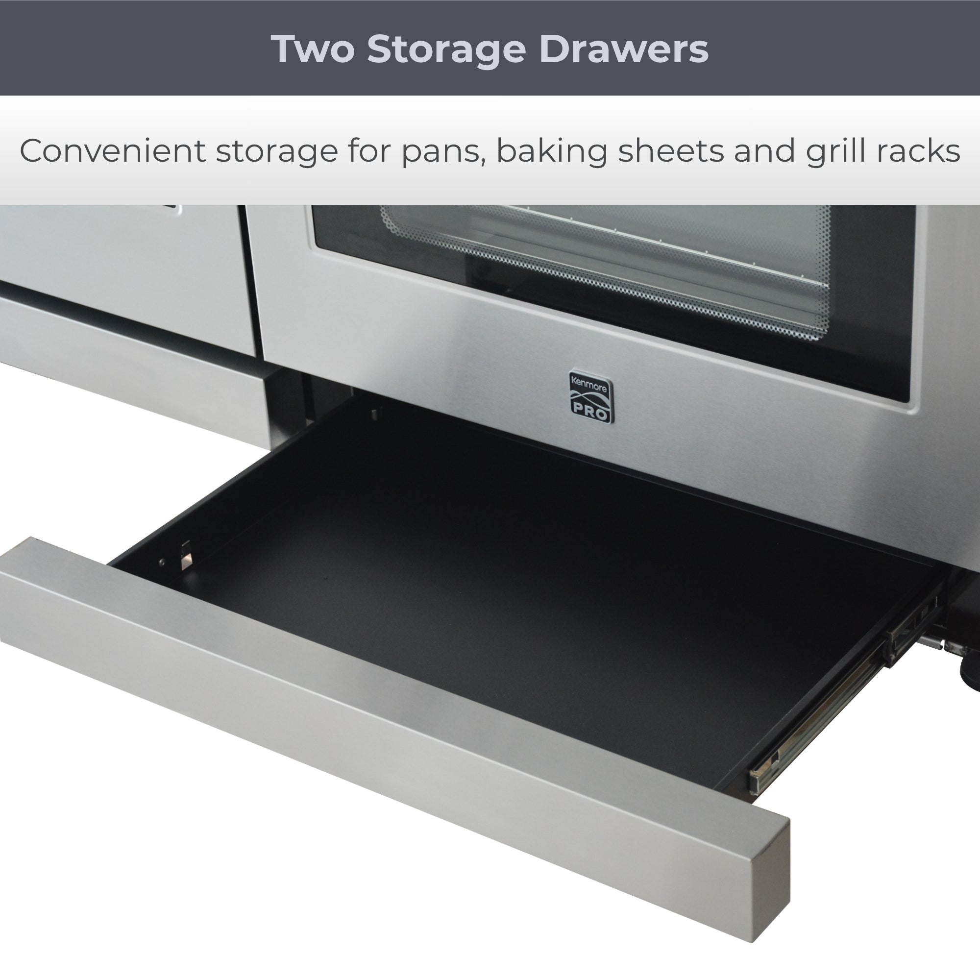 Closeup of lower part of the right oven wtih the storage drawer open. Text above reads, "Two storage drawers: Convenient storage for pans, baking sheets and grill racks "