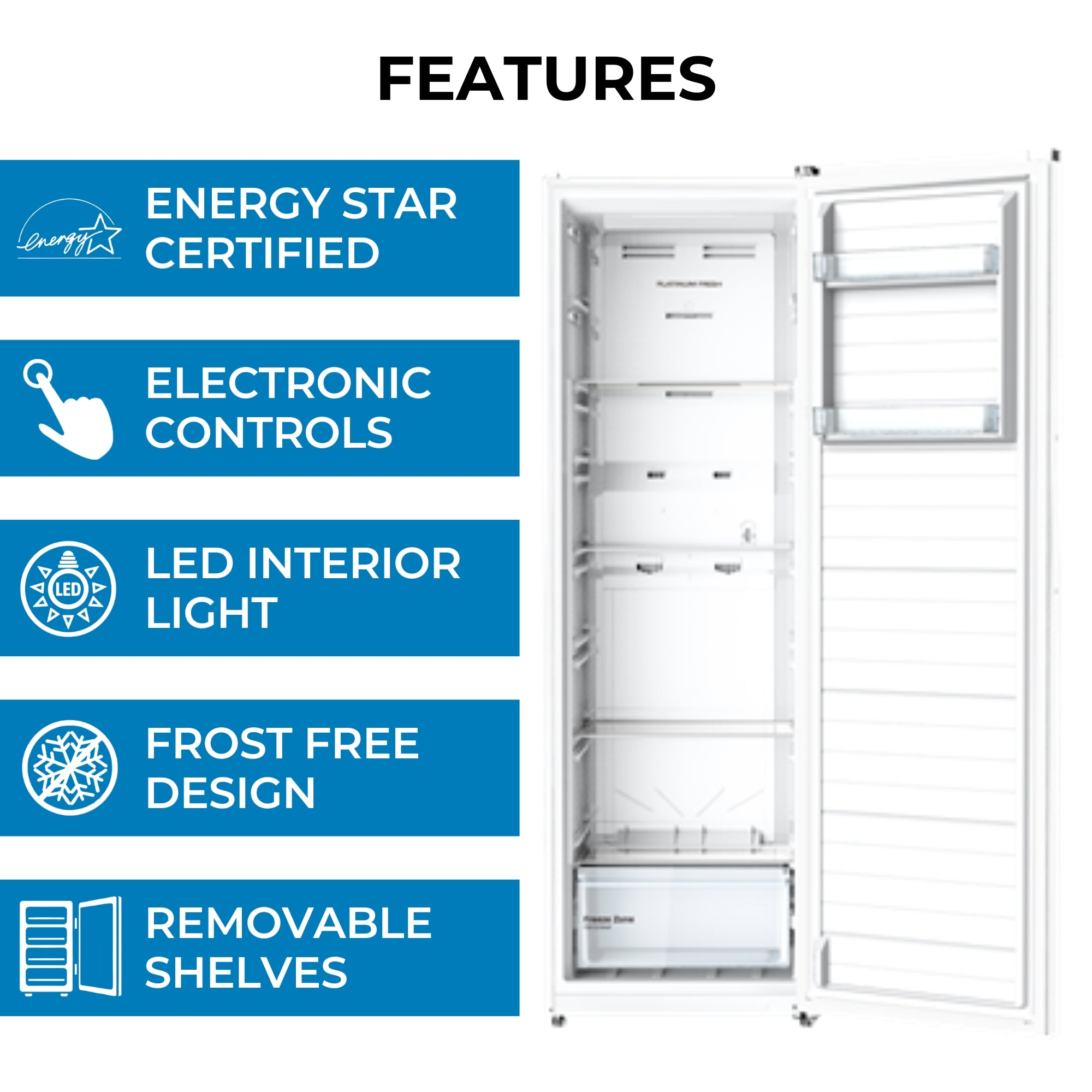Kenmore upright convertible fridge freezer on a white background with features listed to the left: Energy Star certified; electronic controls; LED interior light; frost free design; removable shelves