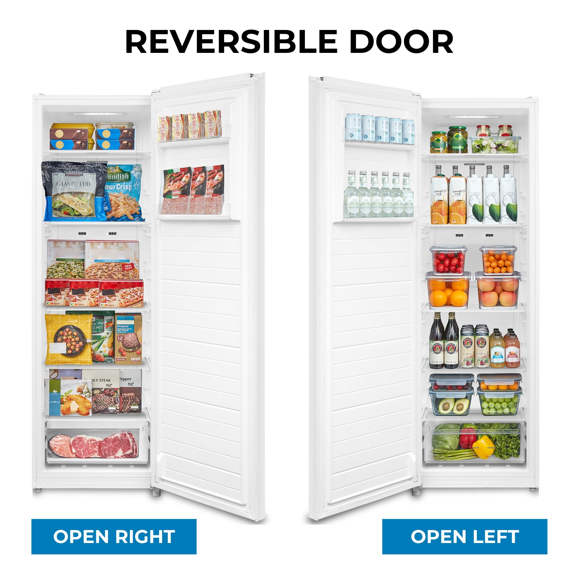 Two pictures show the Kenmore upright convertible freezer open and filled with food items with the door installed to open left and right. Text above reads, "Reversible door," and text below reads, "open right" and "open left."