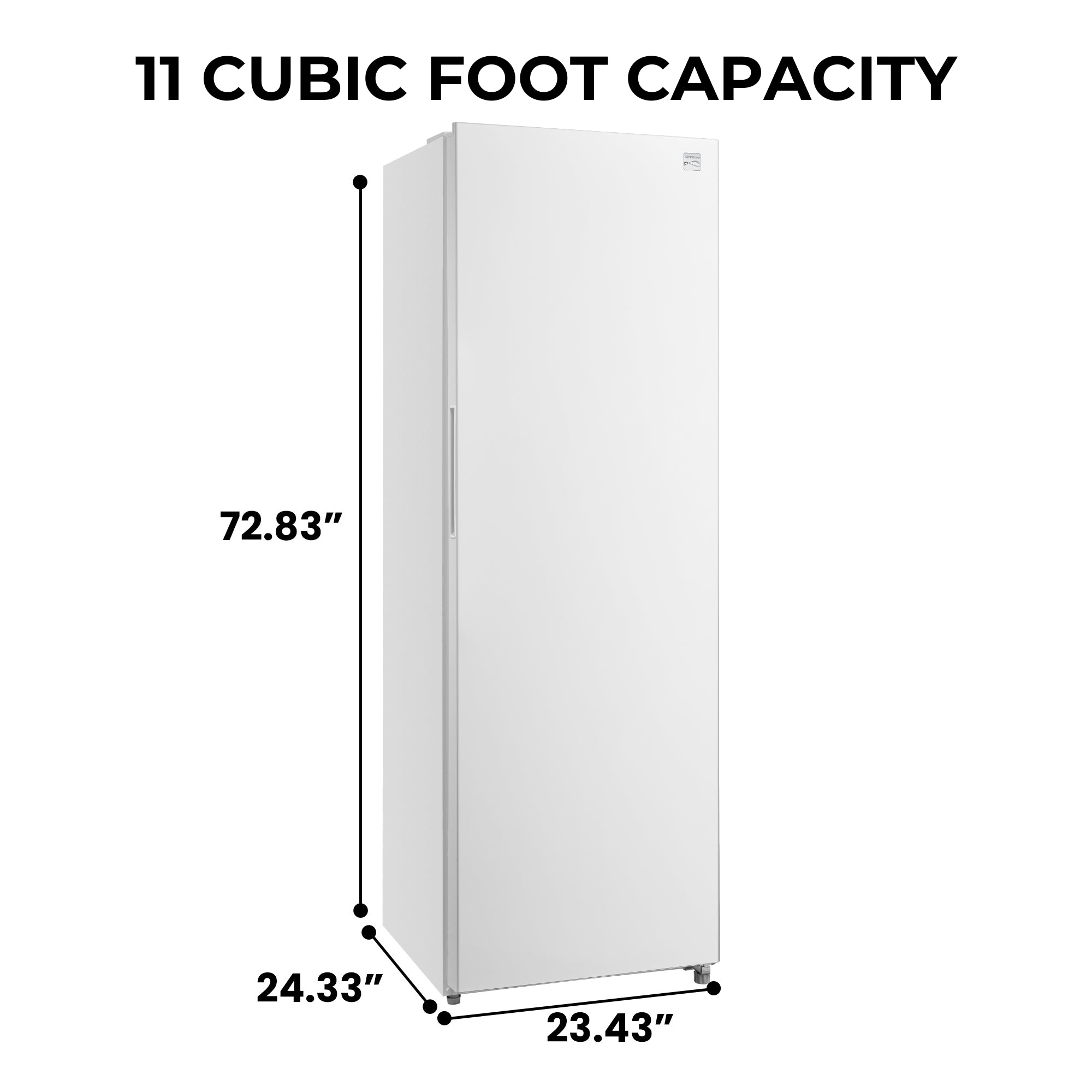 Kenmore upright convertible freezer on a white background with dimensions labeled and text above reading, "11 cubic foot capacity"