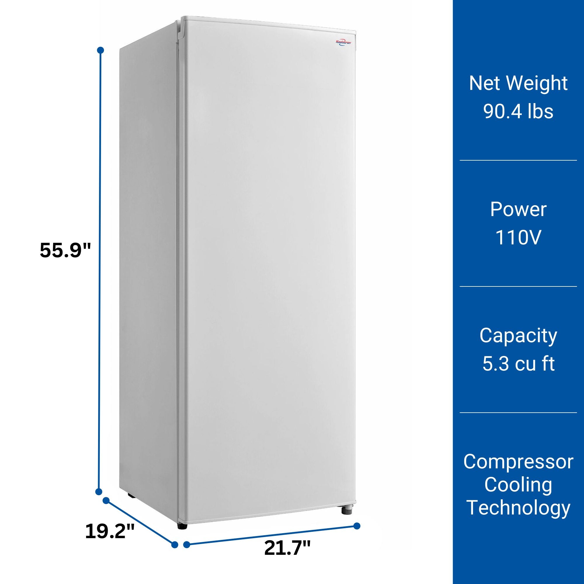 Product shot of white upright freezer with dimensions labeled on the left. Text to the right reads, "Net weight 90.4 lbs; Power 110V; Capacity 5.3 cu ft; Compressor cooling technology"