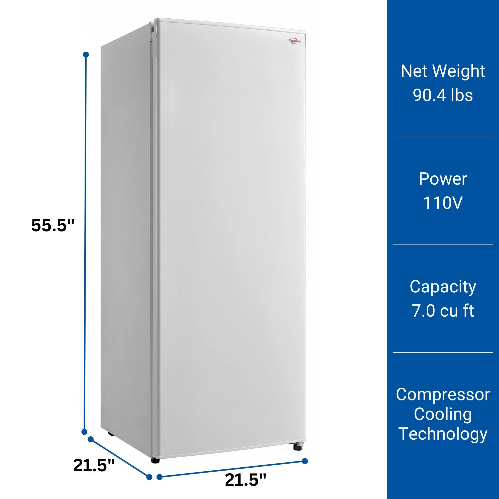 Product shot of white upright freezer with dimensions labeled on the left. Text to the right reads, "Net weight 90.4 lbs; Power 110V; Capacity 7.0 cu ft; Compressor cooling technology"