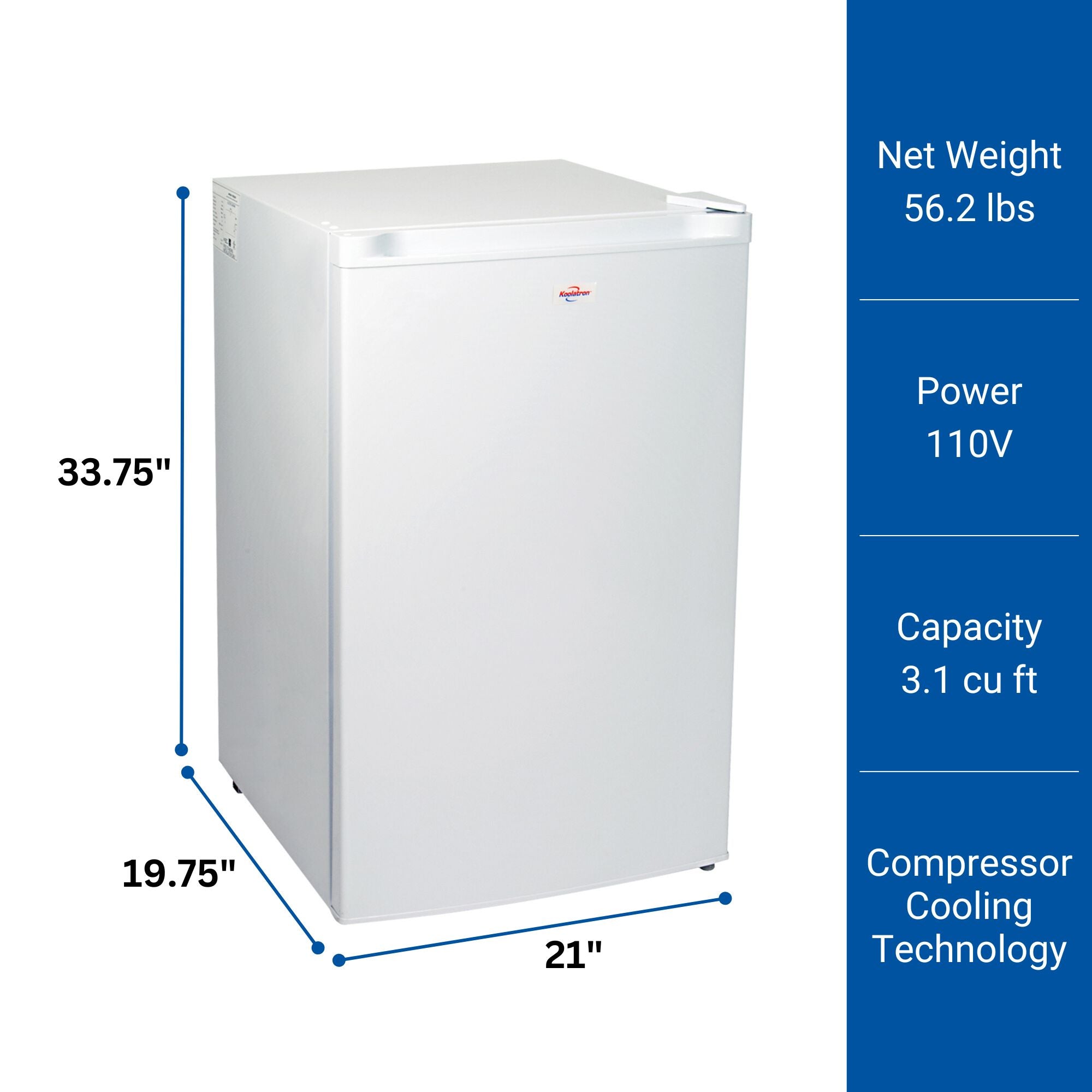 Product shot of white upright freezer with dimensions labeled on the left. Text to the right reads, "Net weight 56.2 lbs; Power 110V; Capacity 3.1 cu ft; Compressor cooling technology"