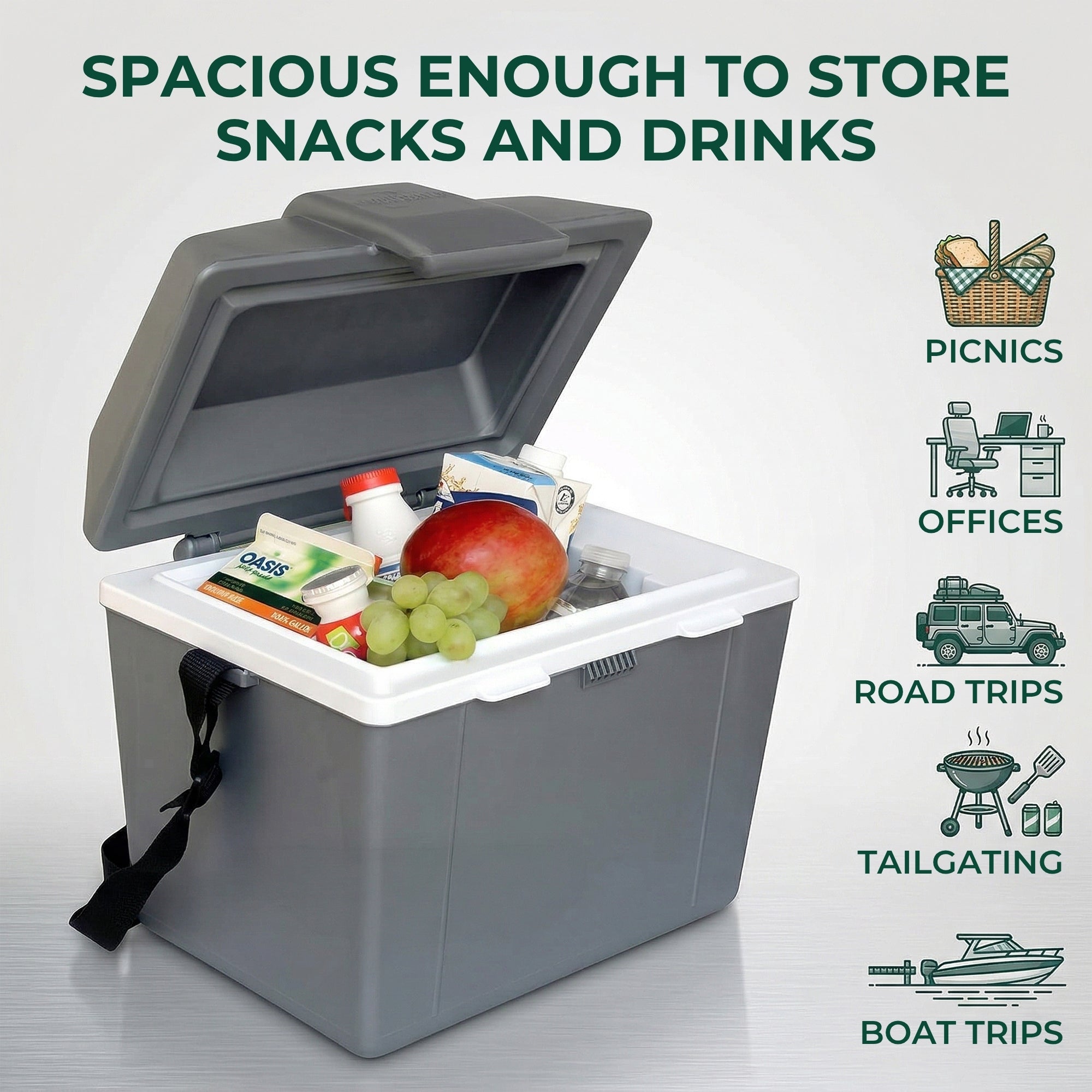 12V gray cooler/warmer box with snacks and drinks on a light gray background, with text and icons indicating uses.