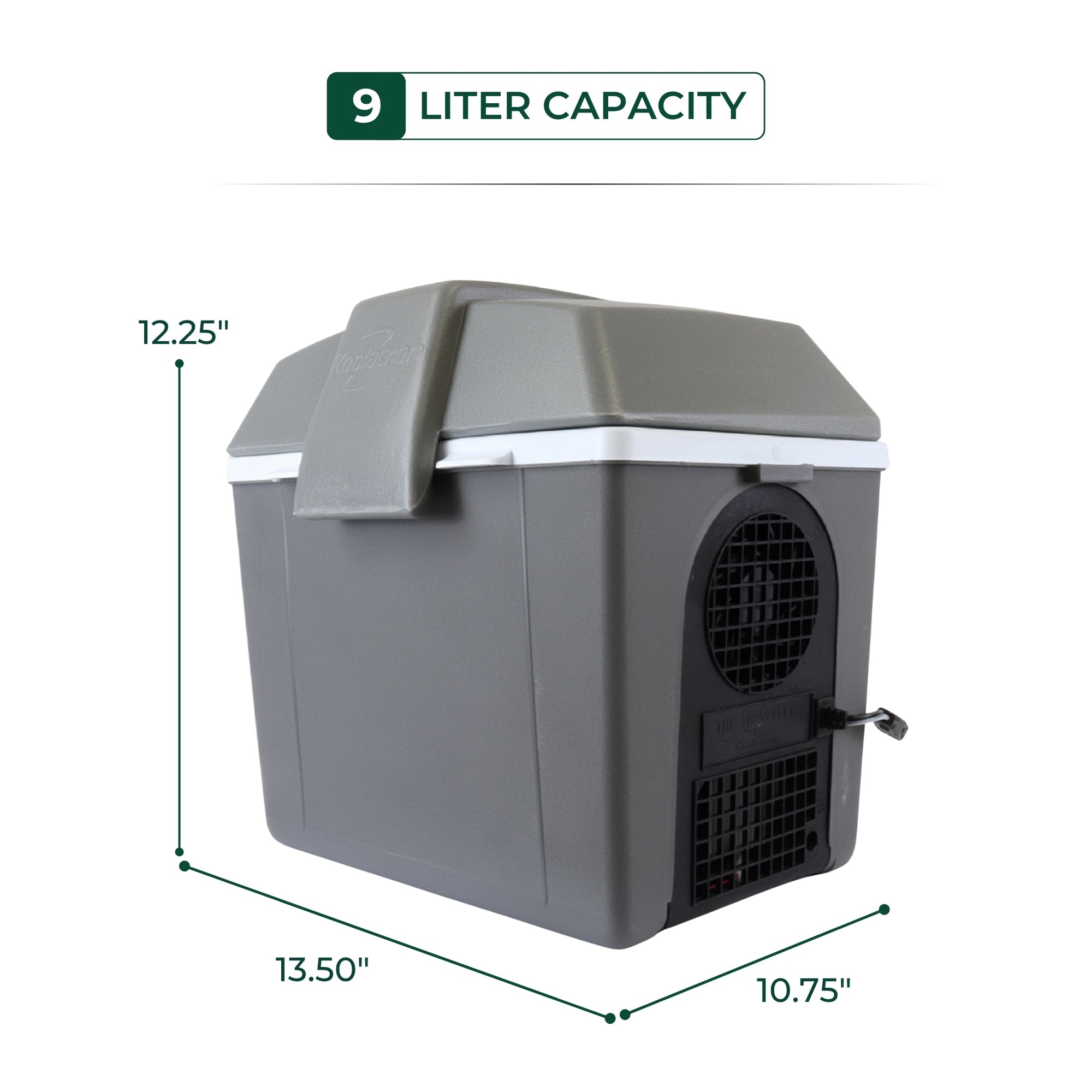 Gray cooler with dimensions and 9-liter capacity label on a white background