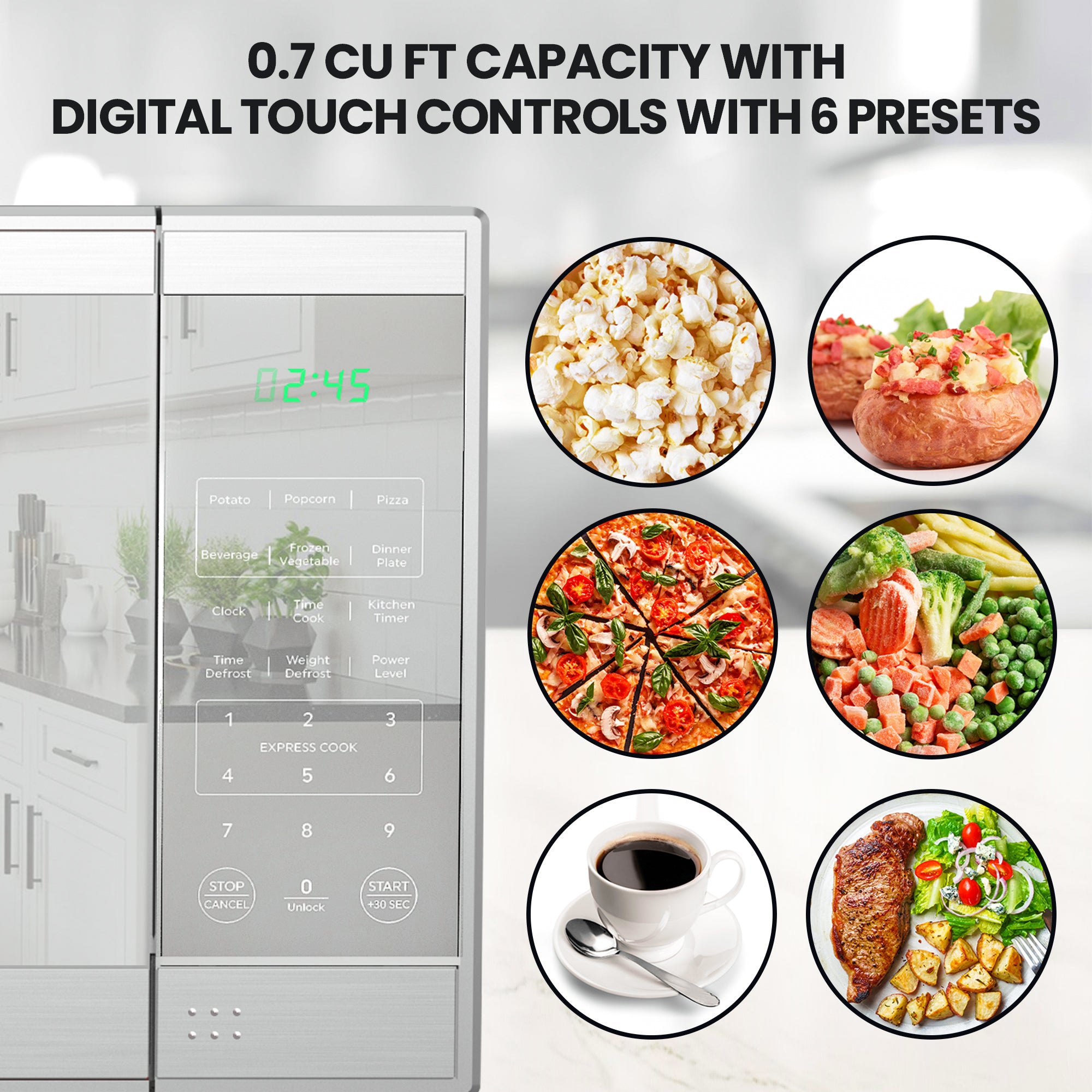 Closeup of the control panel on the Total Chef stainless steel microwave and 6 pictures of different types of food with text above reading, "0.7 cu ft capacity with digital touch controls with 6 presets"