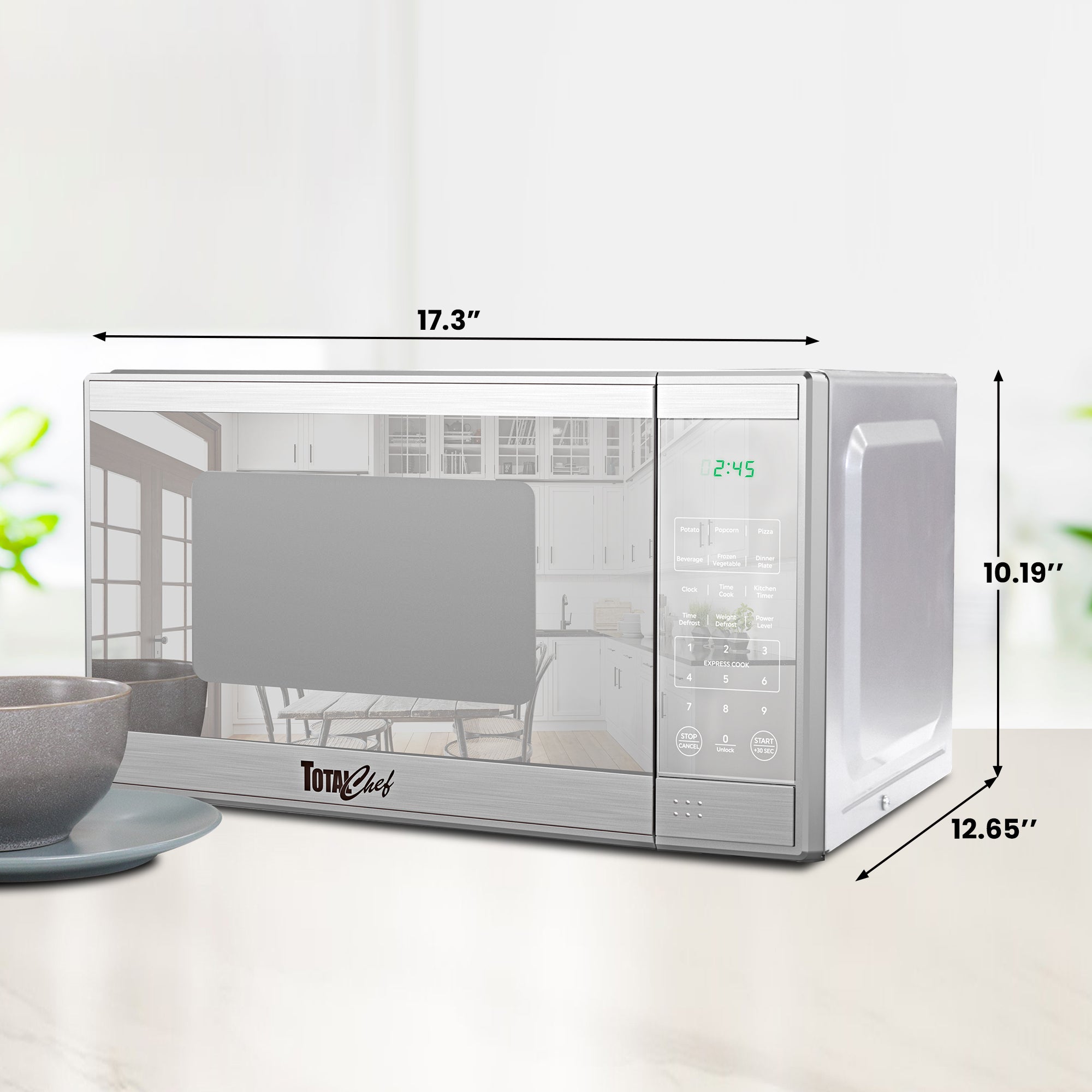 Total Chef stainless steel microwave on a white background with dimensions labeled