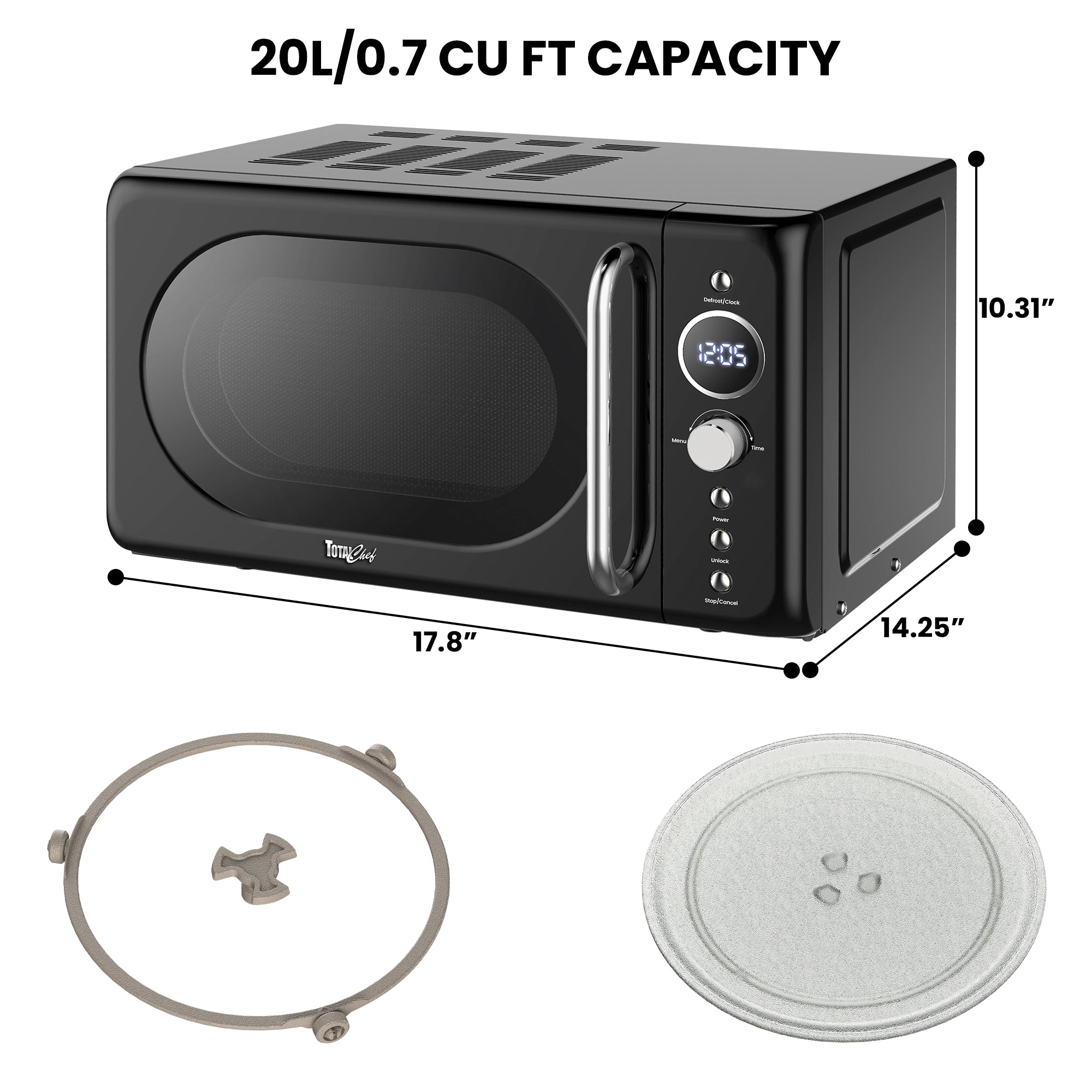 Total Chef Retro Microwave Oven | 20L / 0.7 Cu Ft | Quick Start & Defrost By Weight/Time | 8 Pre-set Cooking Modes For Coffee, Rice, Pasta, Potato, Reheat, Fish, Pizza, Popcorn | 700W | Black