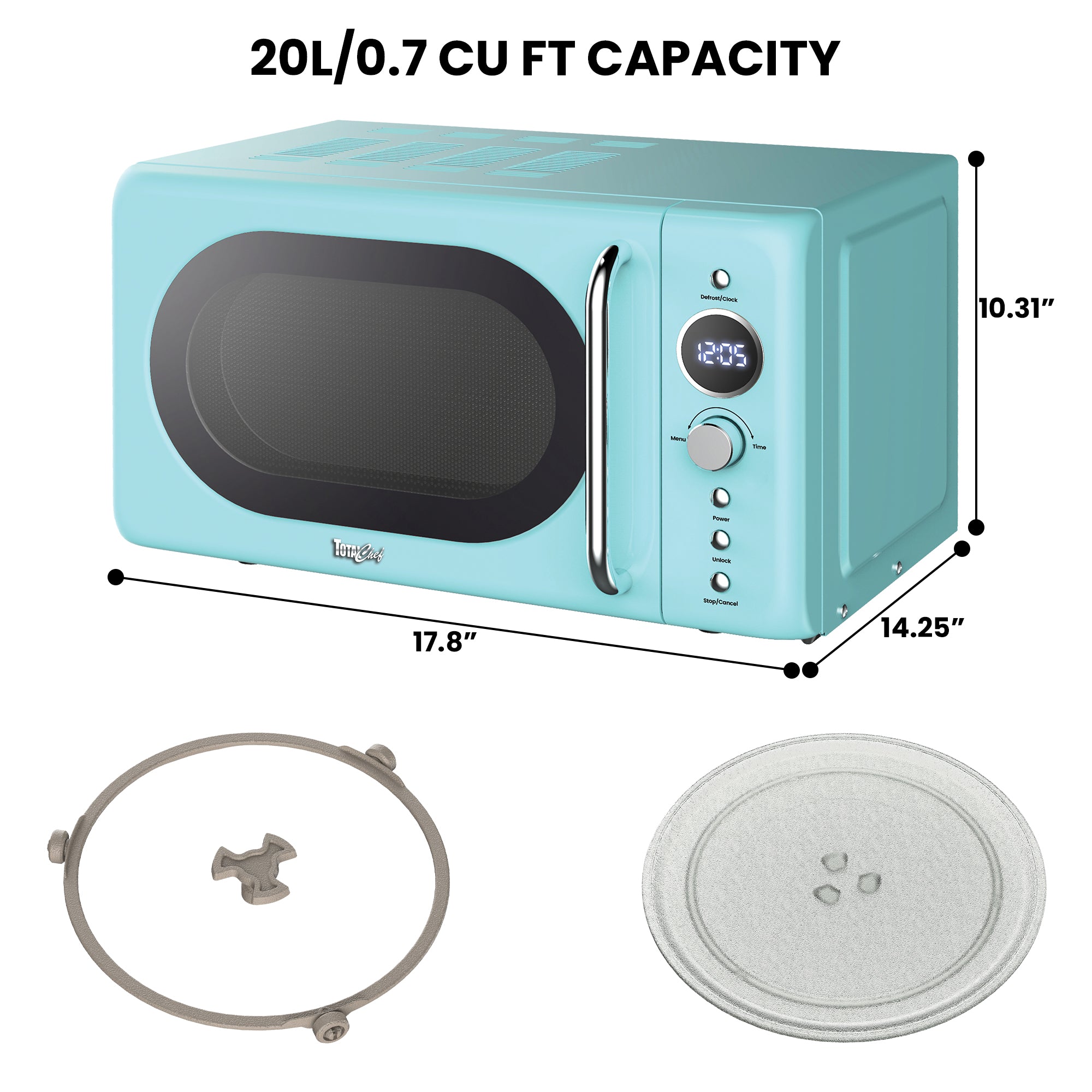 Total Chef Retro Microwave Oven | 20L / 0.7 Cu Ft | Quick Start & Defrost By Weight/Time | 8 Pre-set Cooking Modes For Coffee, Rice, Pasta, Potato, Reheat, Fish, Pizza, Popcorn | 700W | Blue