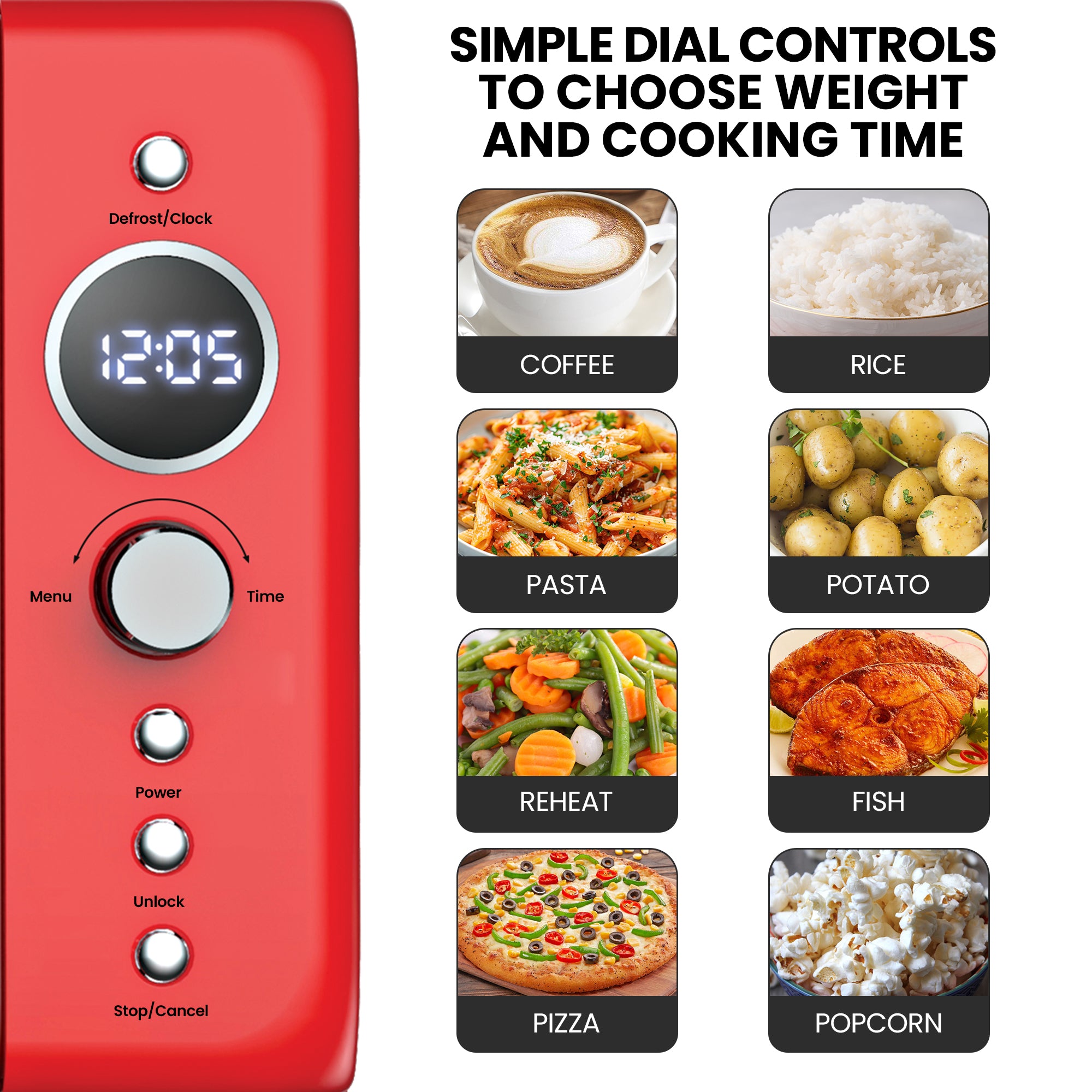 Total Chef Retro Microwave Oven | 20L / 0.7 Cu Ft | Quick Start & Defrost By Weight/Time | 8 Pre-set Cooking Modes For Coffee, Rice, Pasta, Potato, Reheat, Fish, Pizza, Popcorn | 700W | Red