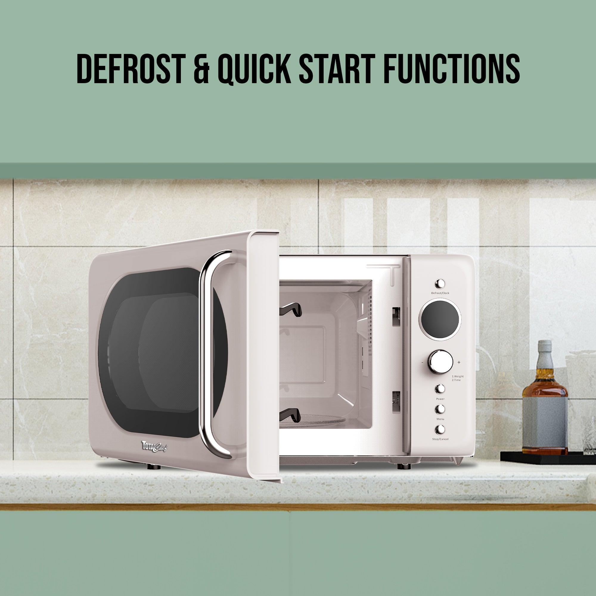 Total Chef Retro Microwave Oven | 20L / 0.7 Cu Ft | Quick Start & Defrost By Weight/Time | 8 Pre-set Cooking Modes For Coffee, Rice, Pasta, Potato, Reheat, Fish, Pizza, Popcorn | 700W | Cream