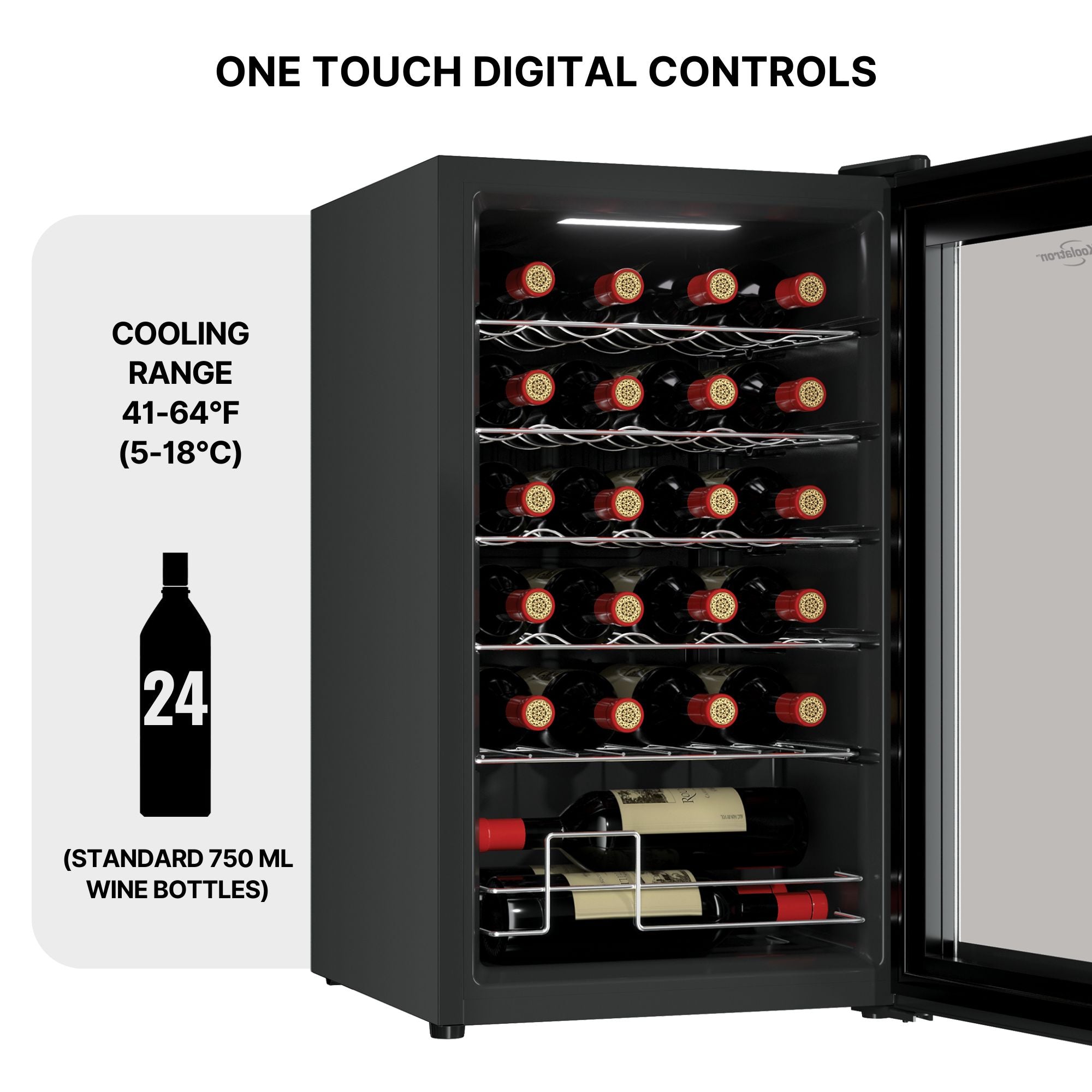 Koolatron 24 bottle single zone freestanding wine fridge, open and filled with bottles of wine. Text above reads, "One touch digital control," and text and icons to the left list temperature range and capacity