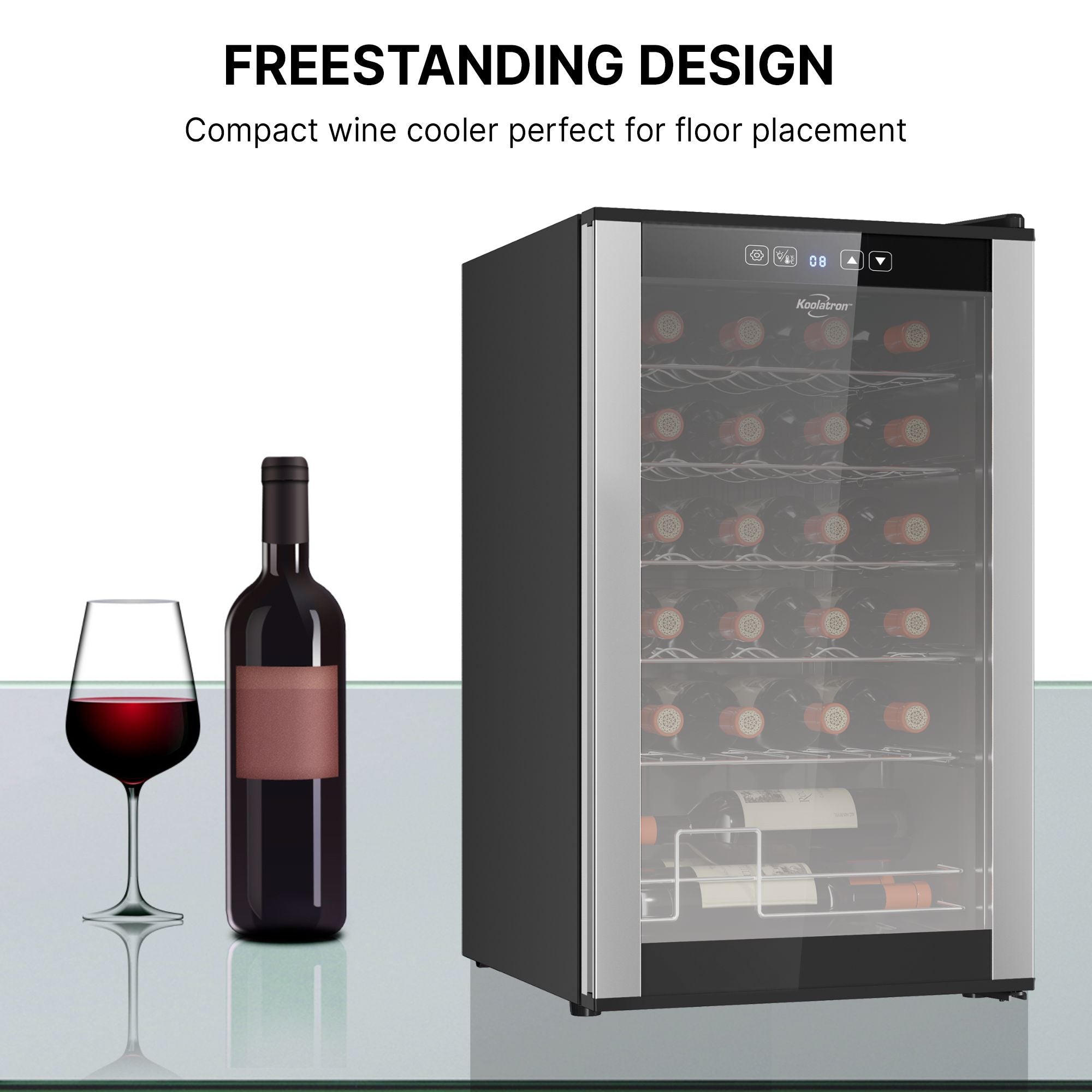 Koolatron 24 bottle wine fridge, open, with a bottle and glass of red wine to the left; Text above reads "Freestanding design: Compact wine cooler perfect for floor placement"