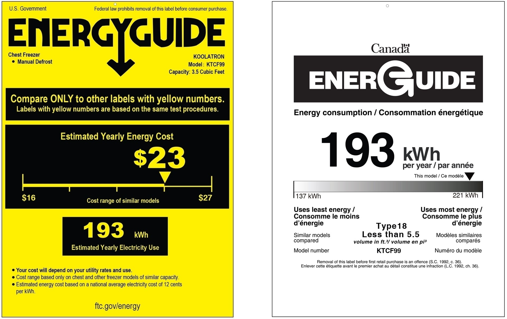 US and Canada Energy Guide certificates for KTCF99 3.5 cu ft chest freezer showing estimated yearly energy cost of $23 and estimated yearly energy consumption of 193 kWh