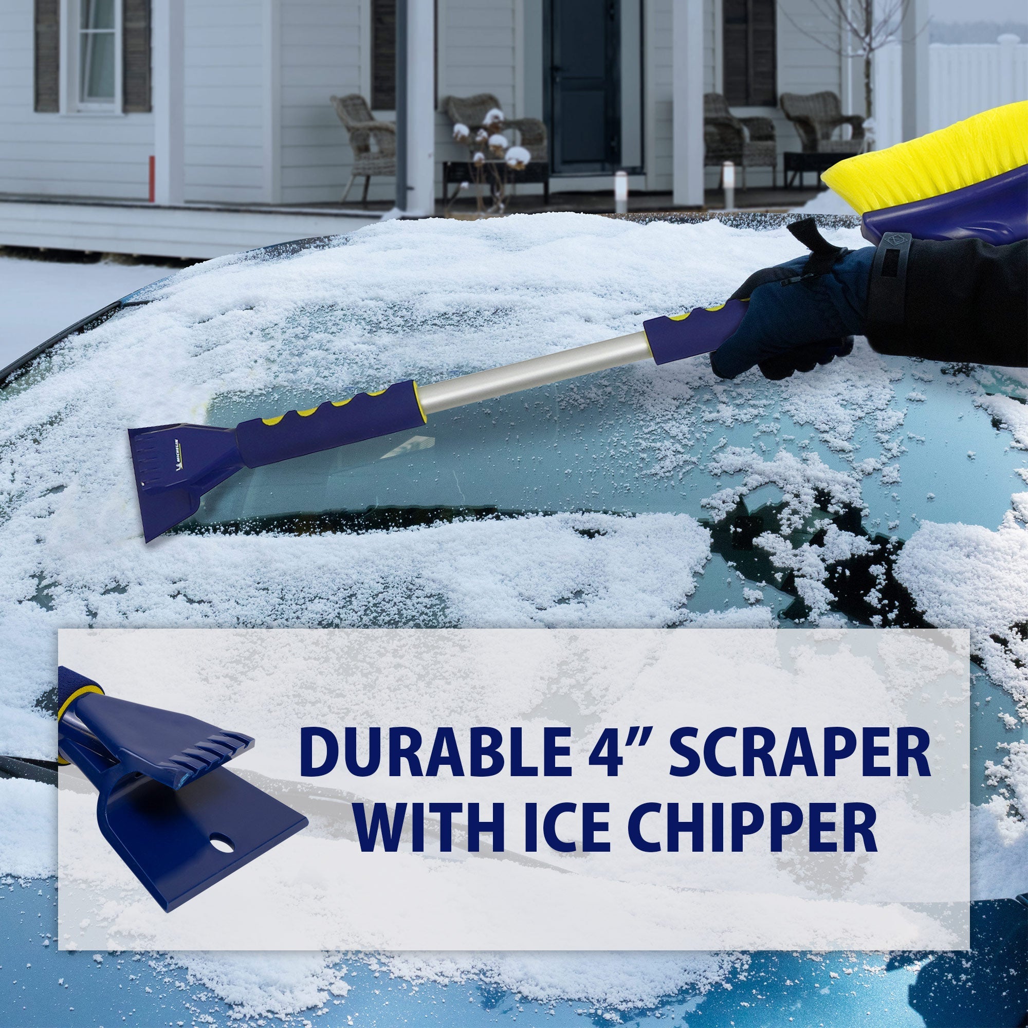 Lifestyle image of a gloved hand using the ice scraper to remove ice from the windshield of a dark coloured car. Transparent white overlay contains a closeup of the ice scraper/ice chipper to the left of text reading, "Durable 4" scraper with ice chipper"