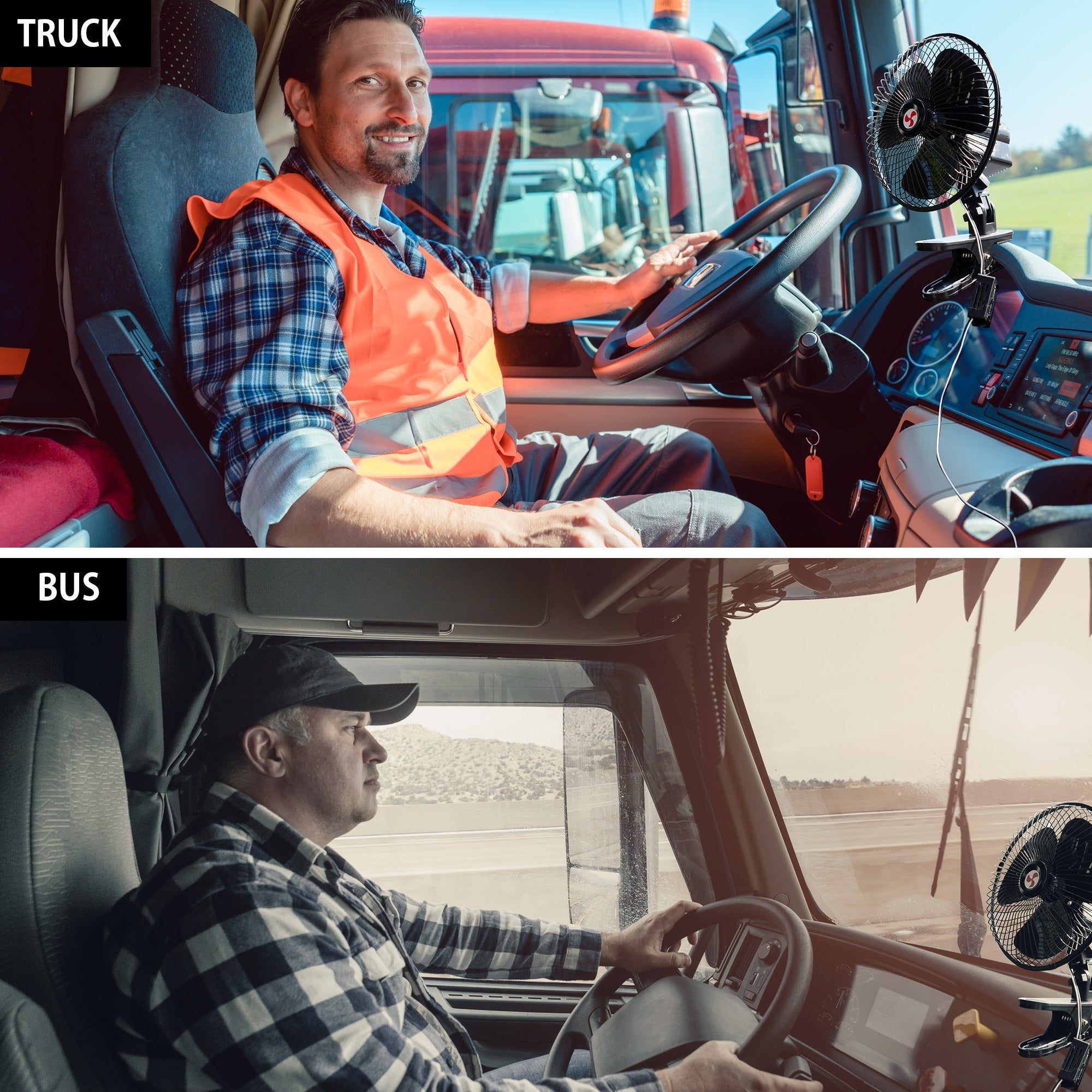 Two lifestyle images show large vehicles where the 12 volt clip-on fan could be used. Top image shows a person with light skin and short dark brown hair and goatee, wearing a blue plaid shirt and orange safety vest, driving a large truck with the fan clipped to the dashboard. Bottom image shows a person with light skin and short white hair, wearing a black and white checked jacket and black baseball cap, driving a bus with the fan clipped to the dashboard