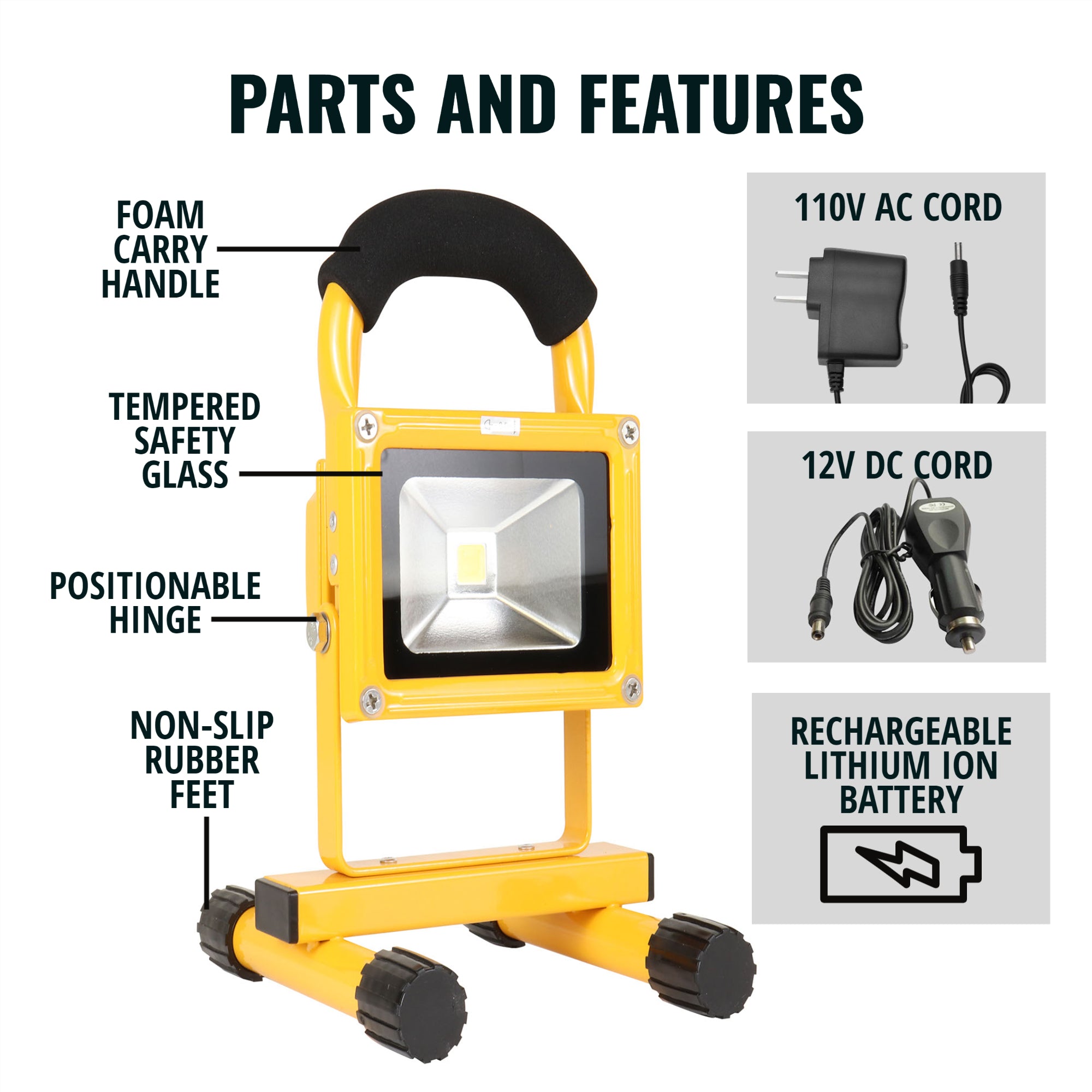 Product shot of 12V rechargeable work light, fully expanded, on a white background, with parts labeled: Foam carry handle; tempered safety glass; positionable hinge; non-slip rubber feet. Three inset pictures to the right, labeled, show the 110V AC cord, 12V DC cord, and rechargeable lithium ion battery