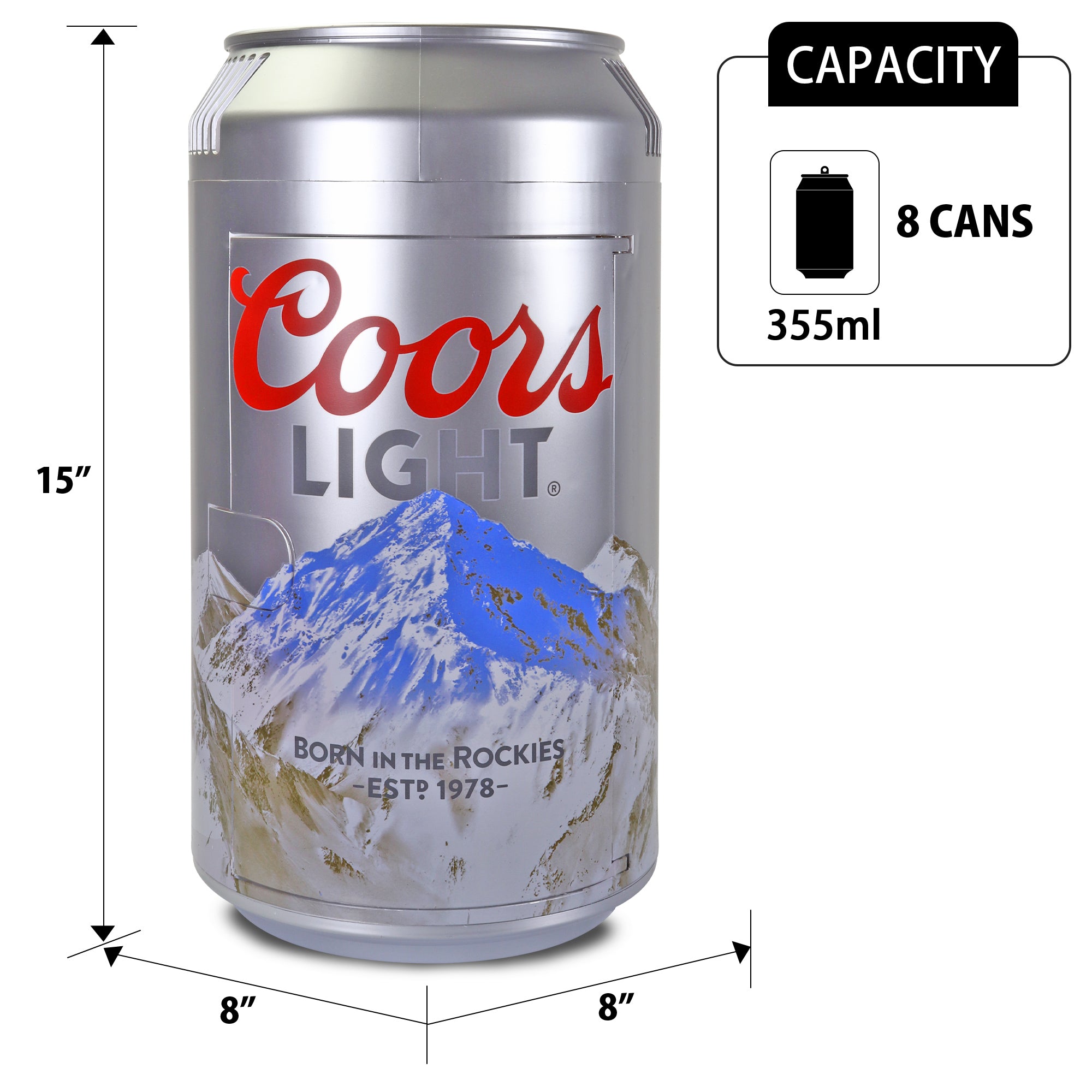 Product shot of Coors Light can-shaped 8 can mini fridge, closed, on a white background with dimensions labeled. Inset text with can icon reads, "Capacity: 8 cans (355 mL)"