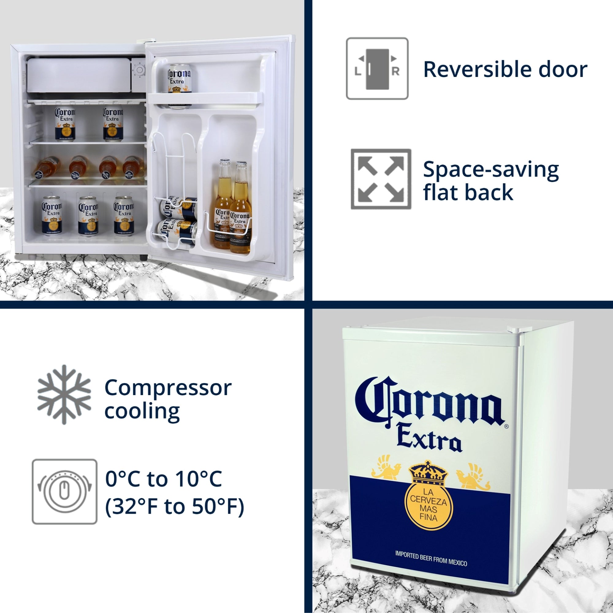 Top half shows a product shot of Corona compact beer fridge with freezer, open and filled with bottles and cans of Corona beer, on a white and gray marbled surface. Text and icons to the right describe: Reversible door; space-saving flat back.. Bottom half shows a product shot of Corona compact beer fridge with freezer, closed, on a white and gray marbled surface. Text and icons to the left describe: Compressor cooling; 0C to 10C (32F to 50F)