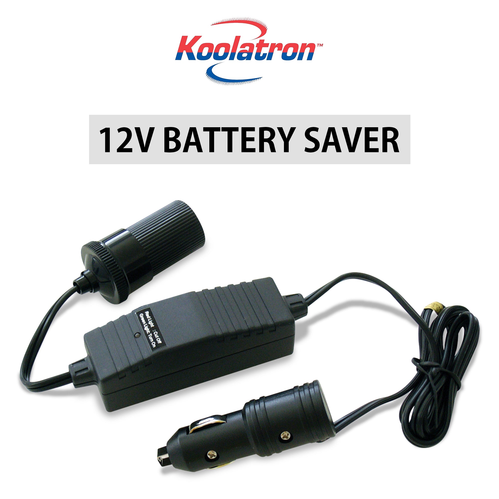 Koolatron 12V Vehicle Battery Saver on a white background with the Koolatron logo and text reading, "12V battery saver," above.
